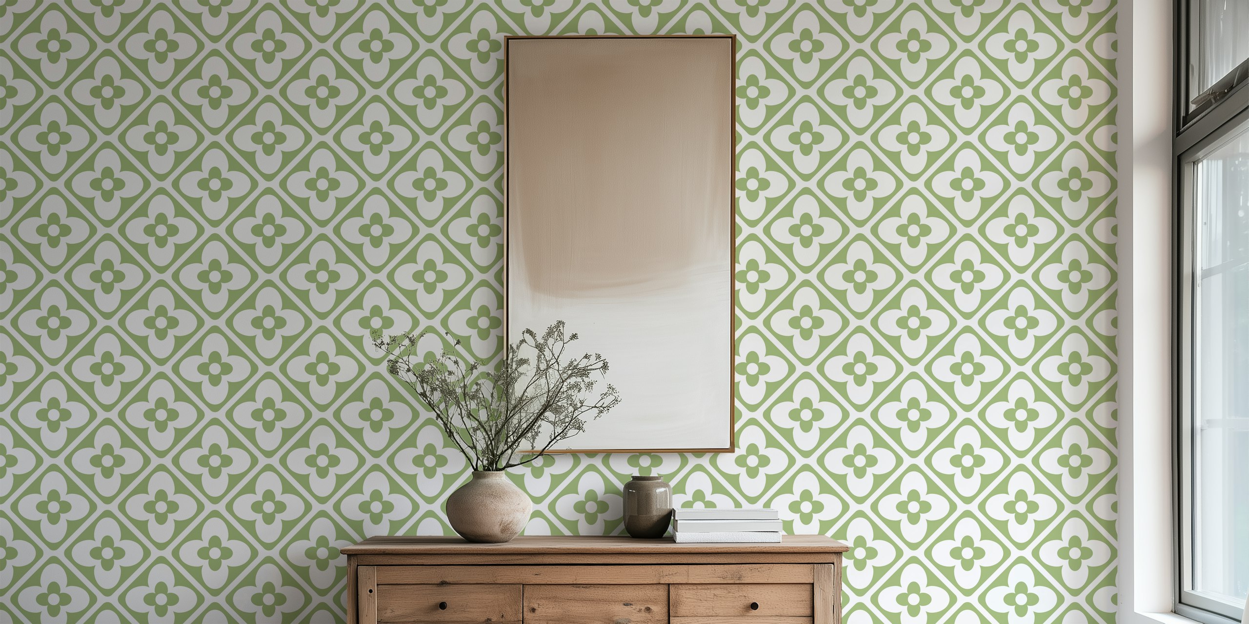 Sage Green Floral Motif Geo Tiles tapet
