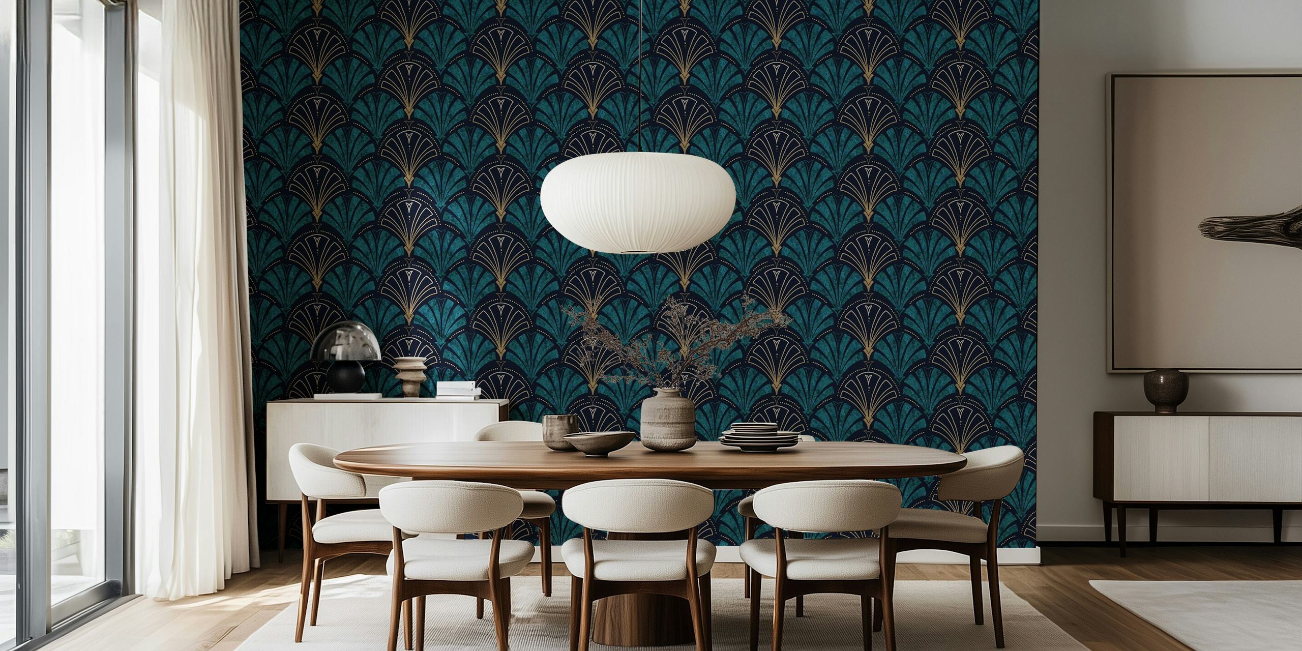 Art Deco pattern in gold and teal on dark background wallpaper