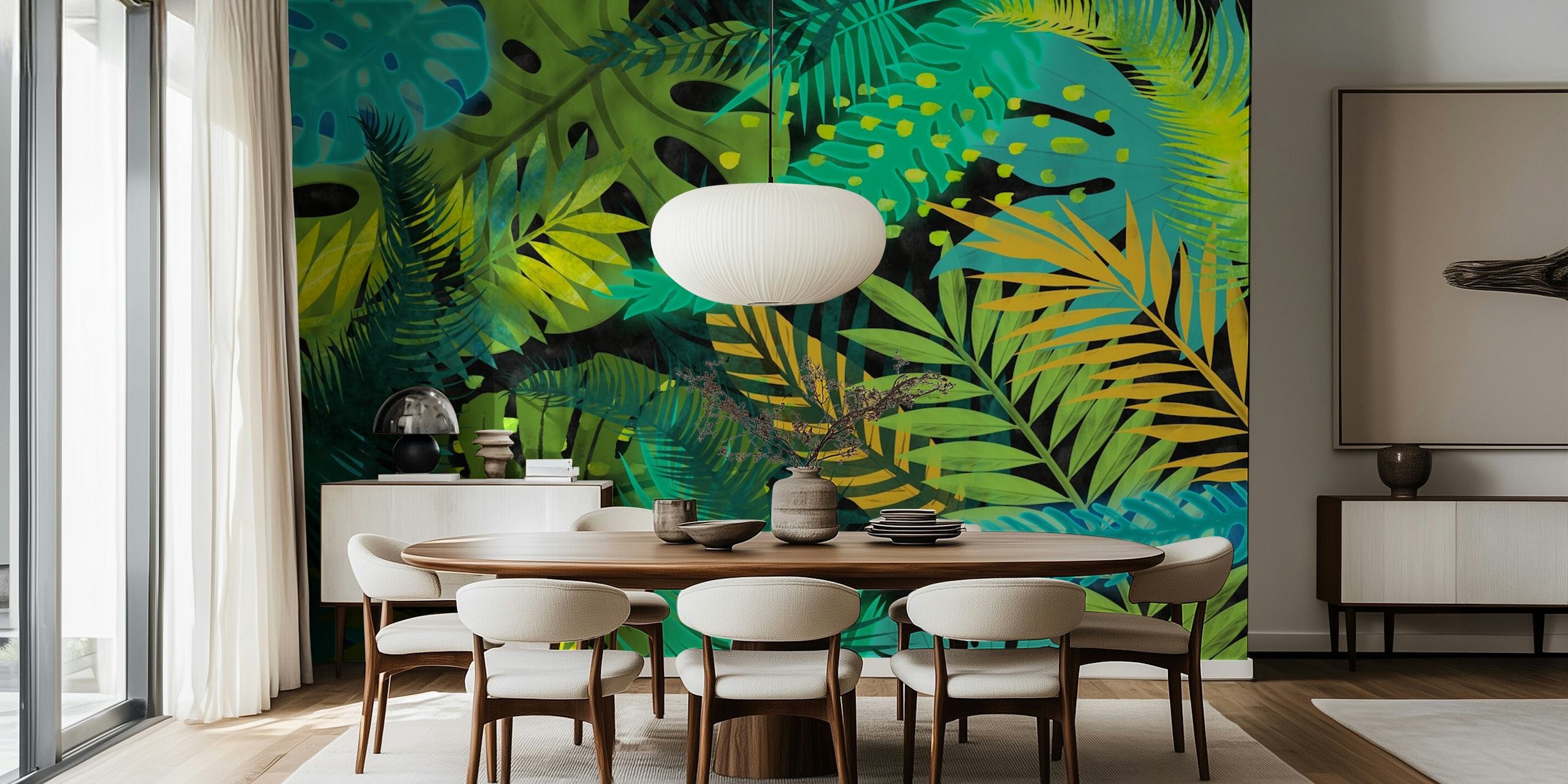 Lush green leaf patterns with blue and yellow accents wallpaper