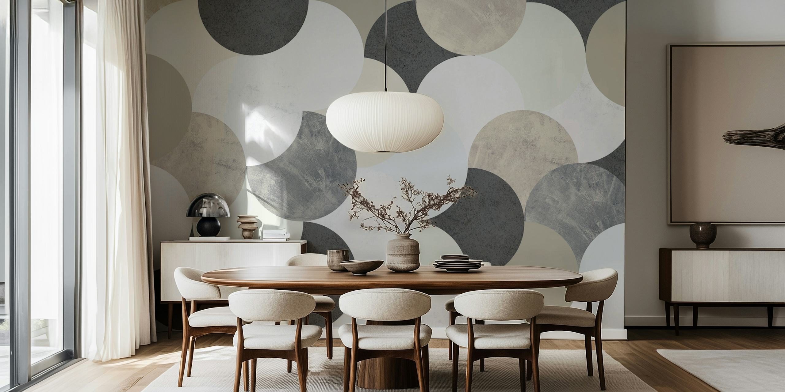 Geometric circle patterns in beige, grey, white, and light blue wallpaper