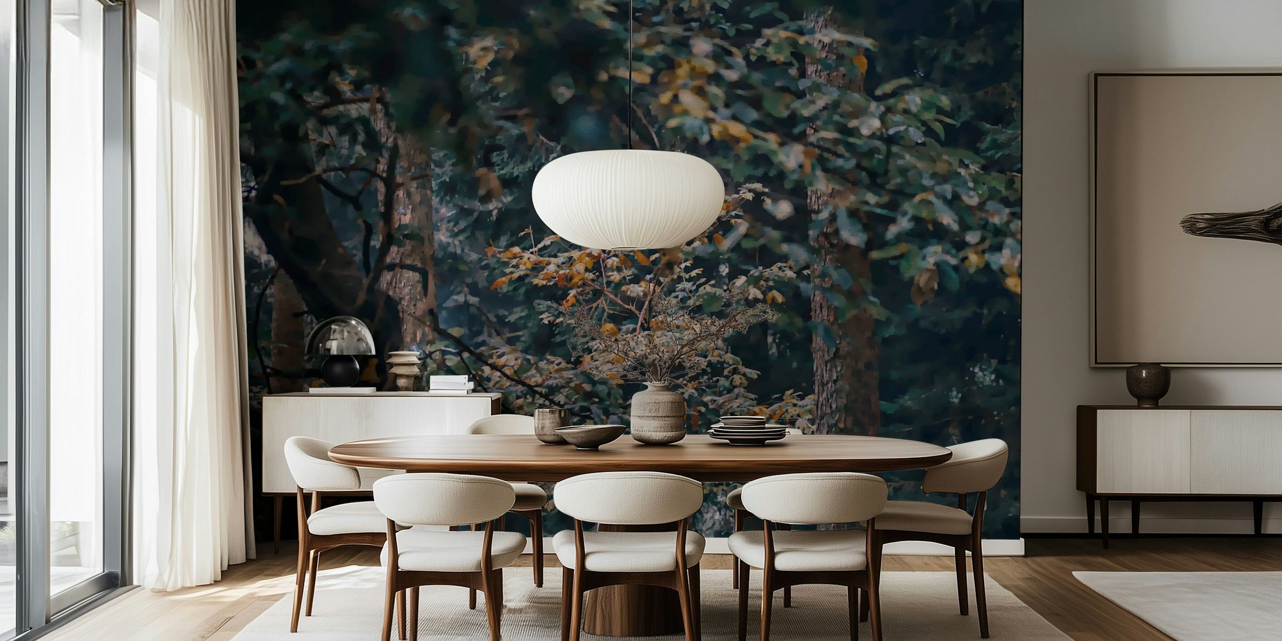 Uma cena tranquila de floresta ao amanhecer com a luz do sol atravessando as árvores em um mural de parede.
