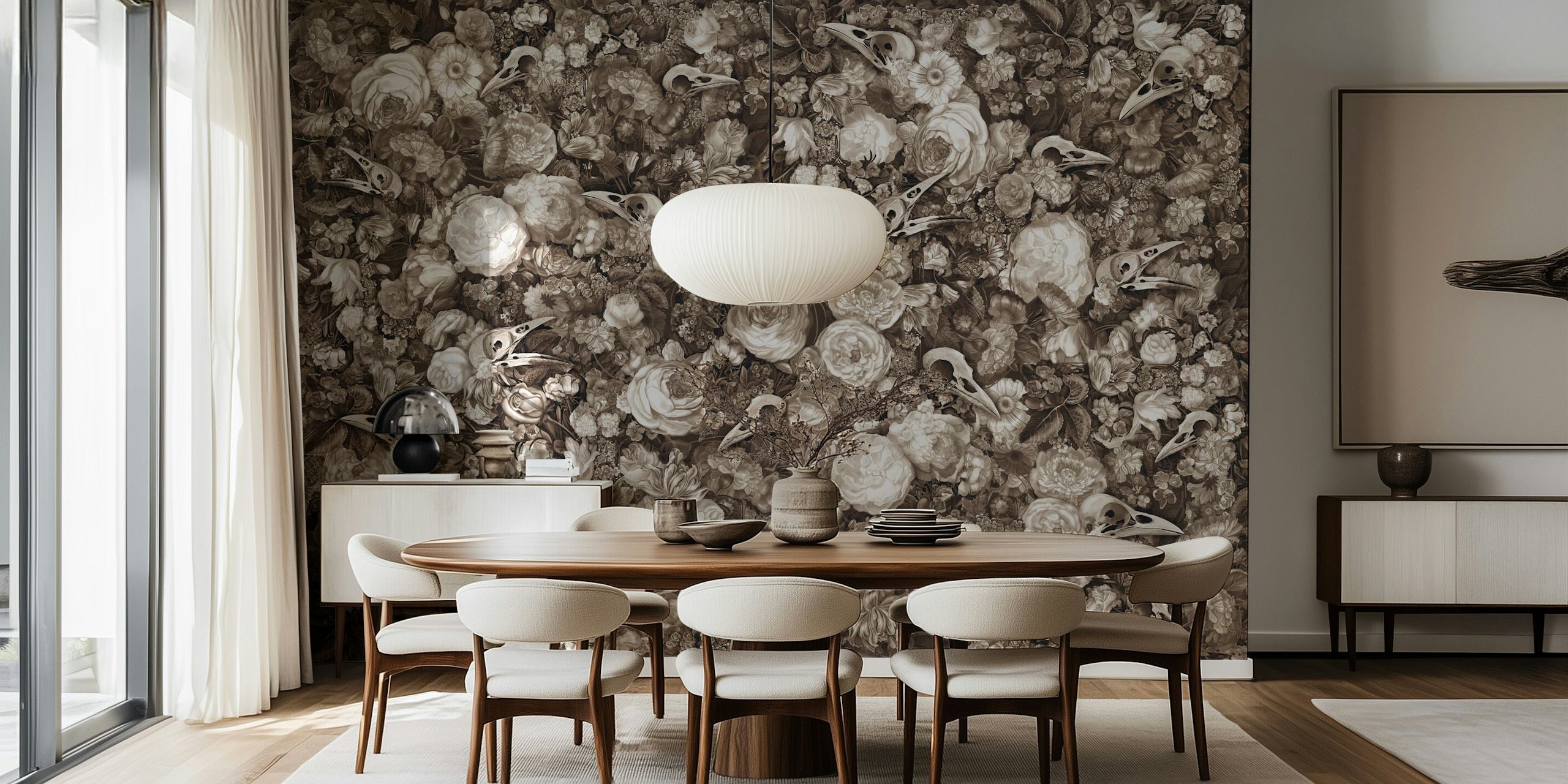 Floral wallpaper featuring skulls in sepia tones and intricate designs