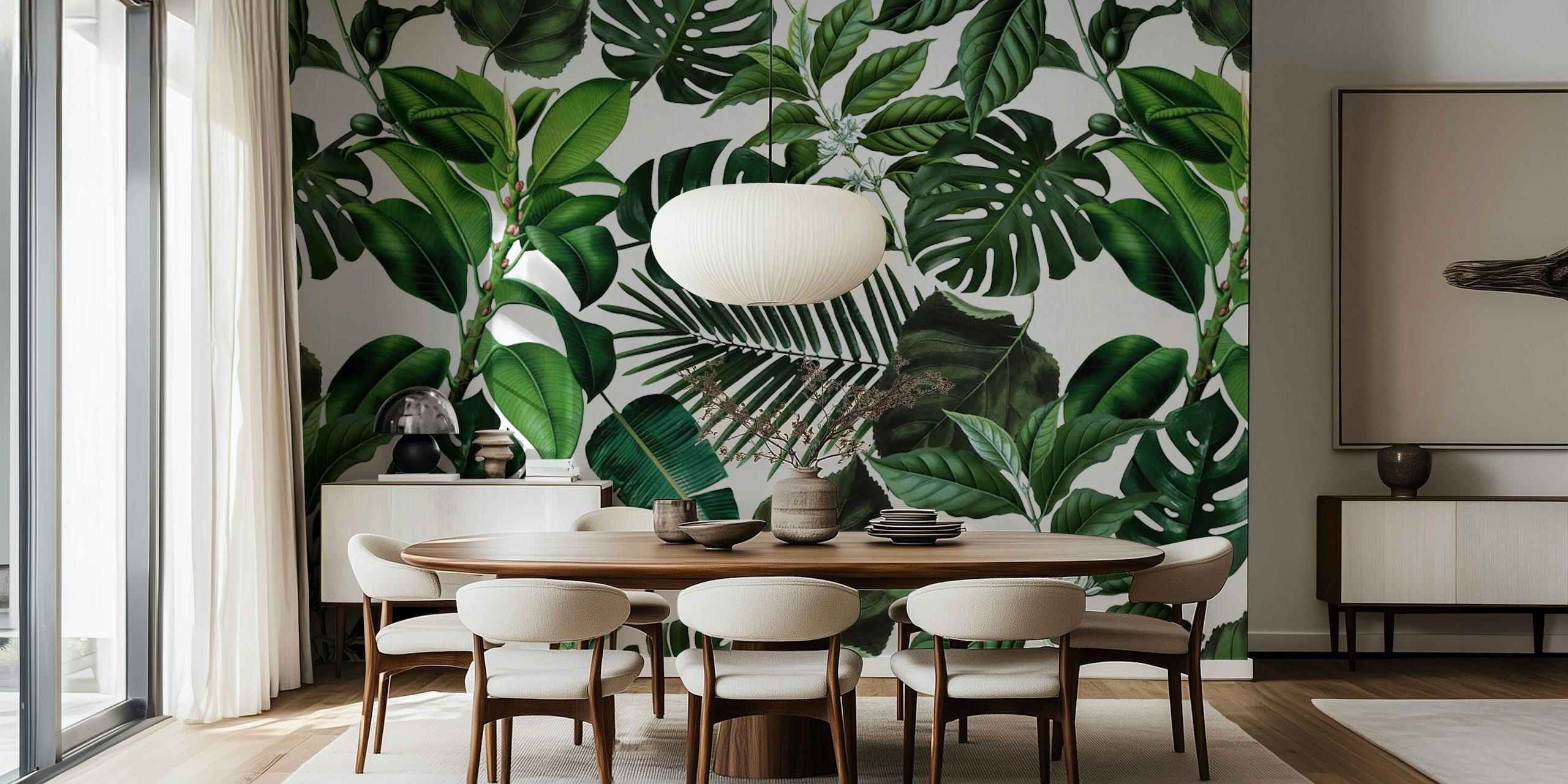 Tropical leaves wall mural with monstera and fern patterns