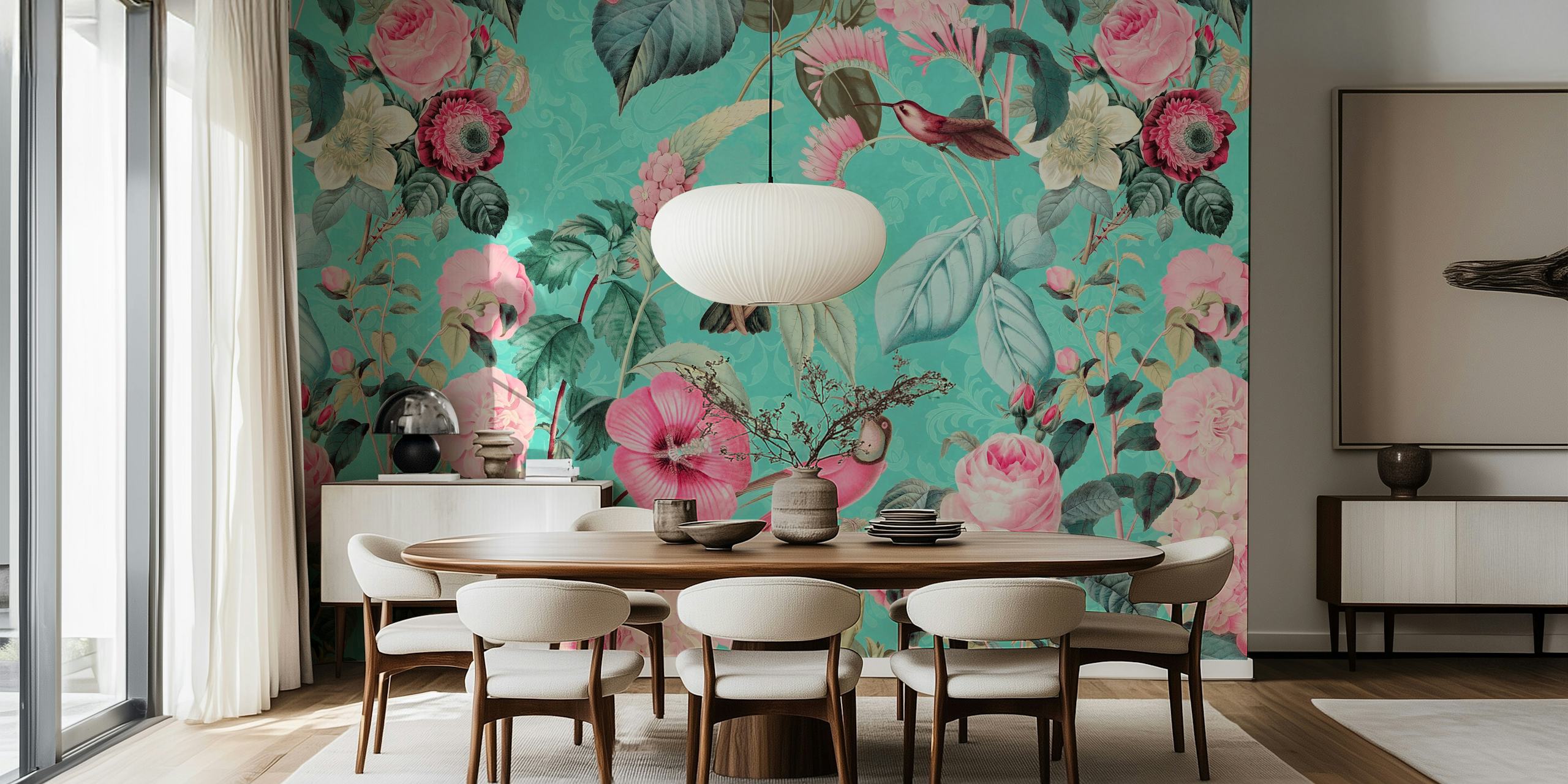 Hummingbirds and flowers on pastel background wall mural