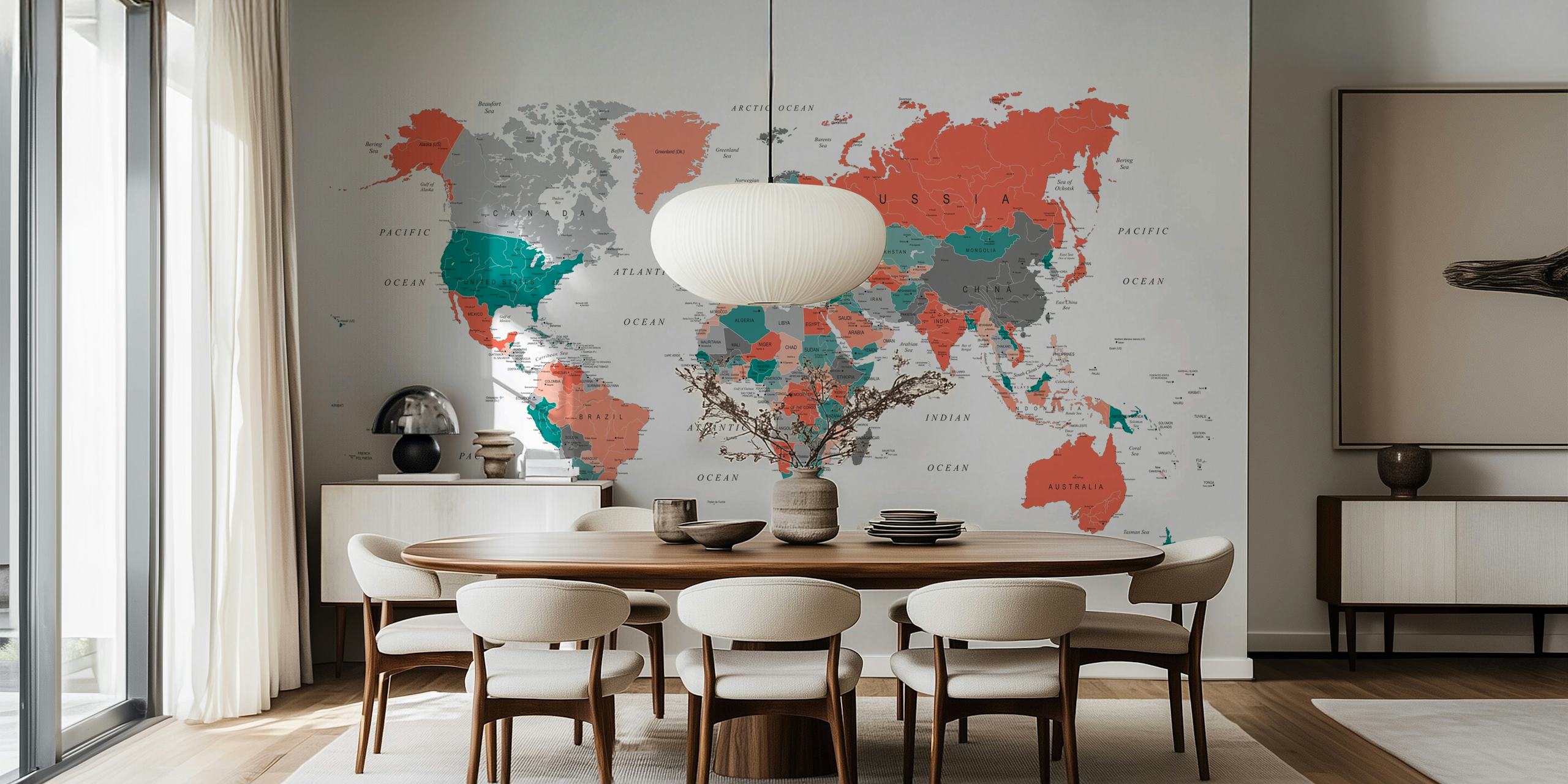 Teal coral gray world map wallpaper on display