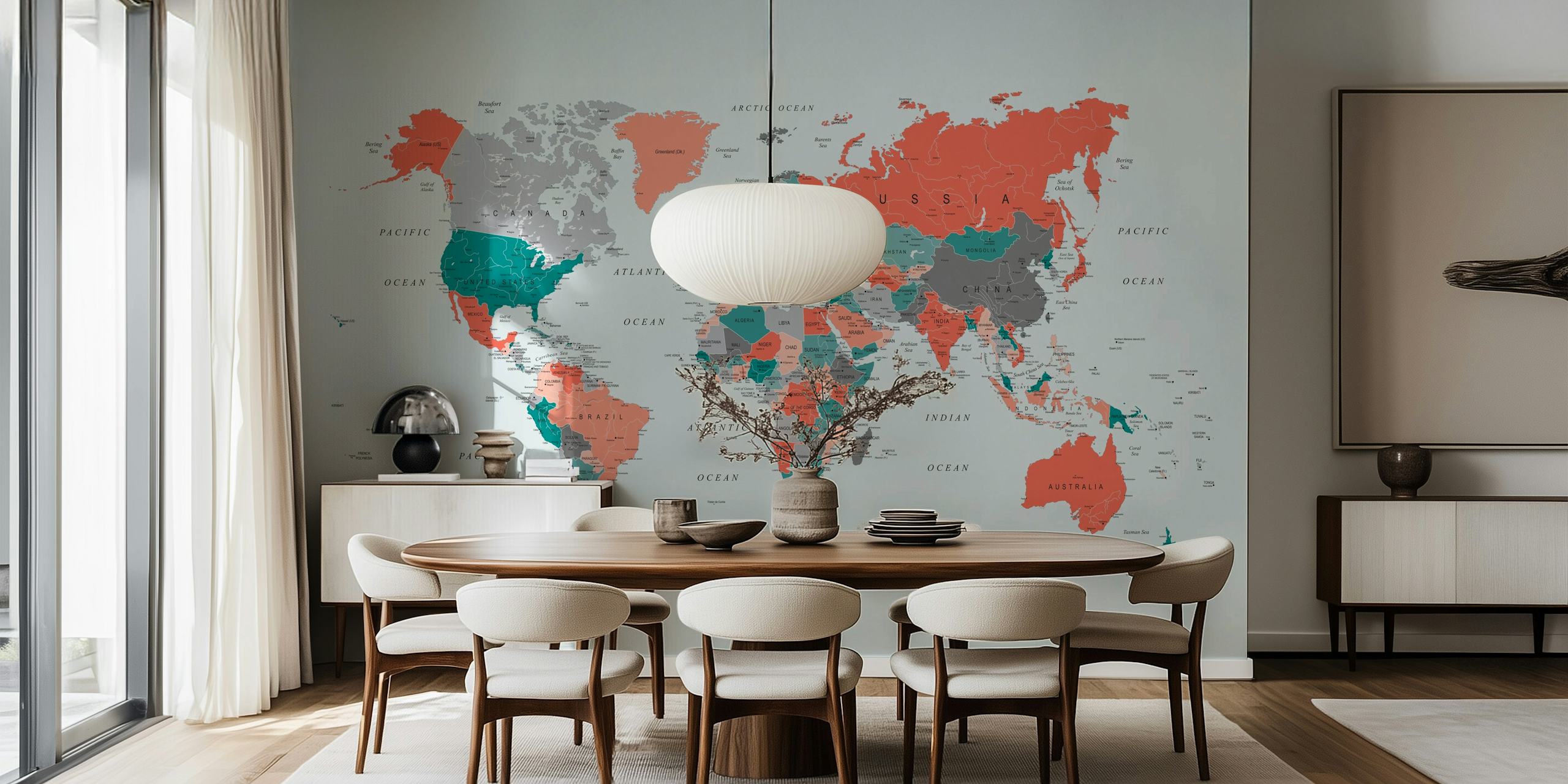 World map in coral, teal, and grey colors, modern wallpaper