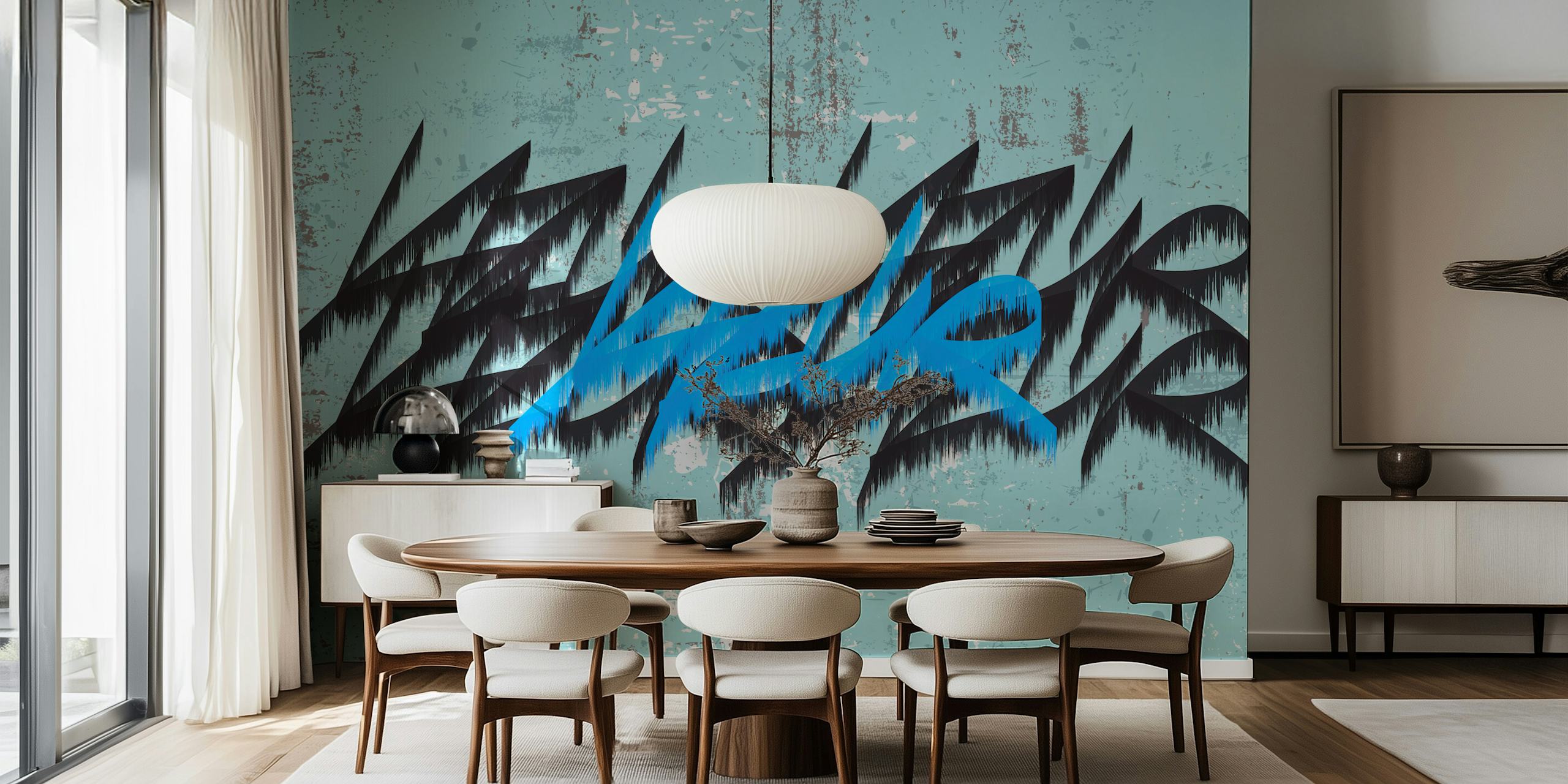 Colorful graffiti style artwork with blue and black patterns wallpaper