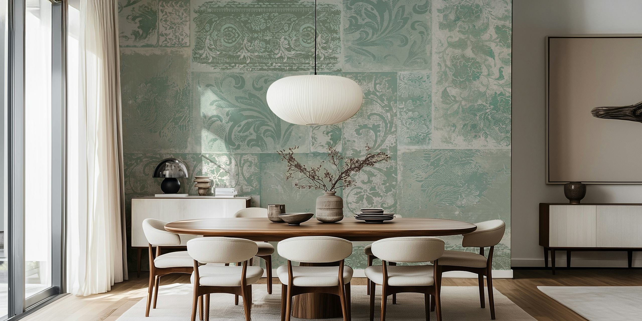 Mint cream patchwork wallpaper with floral designs and textures