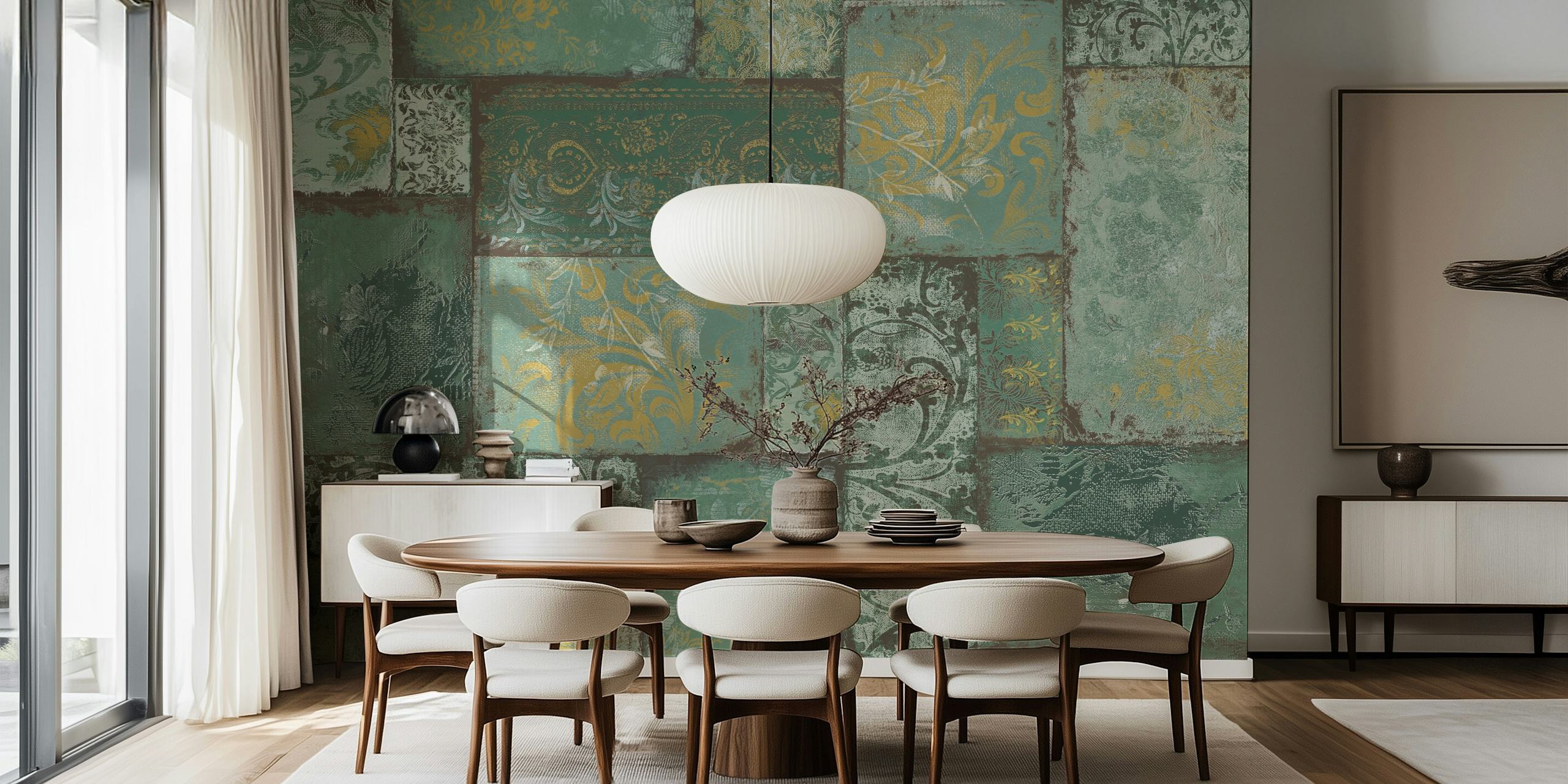 Bohemian patchwork green and ochre wallpaper with floral and abstract designs
