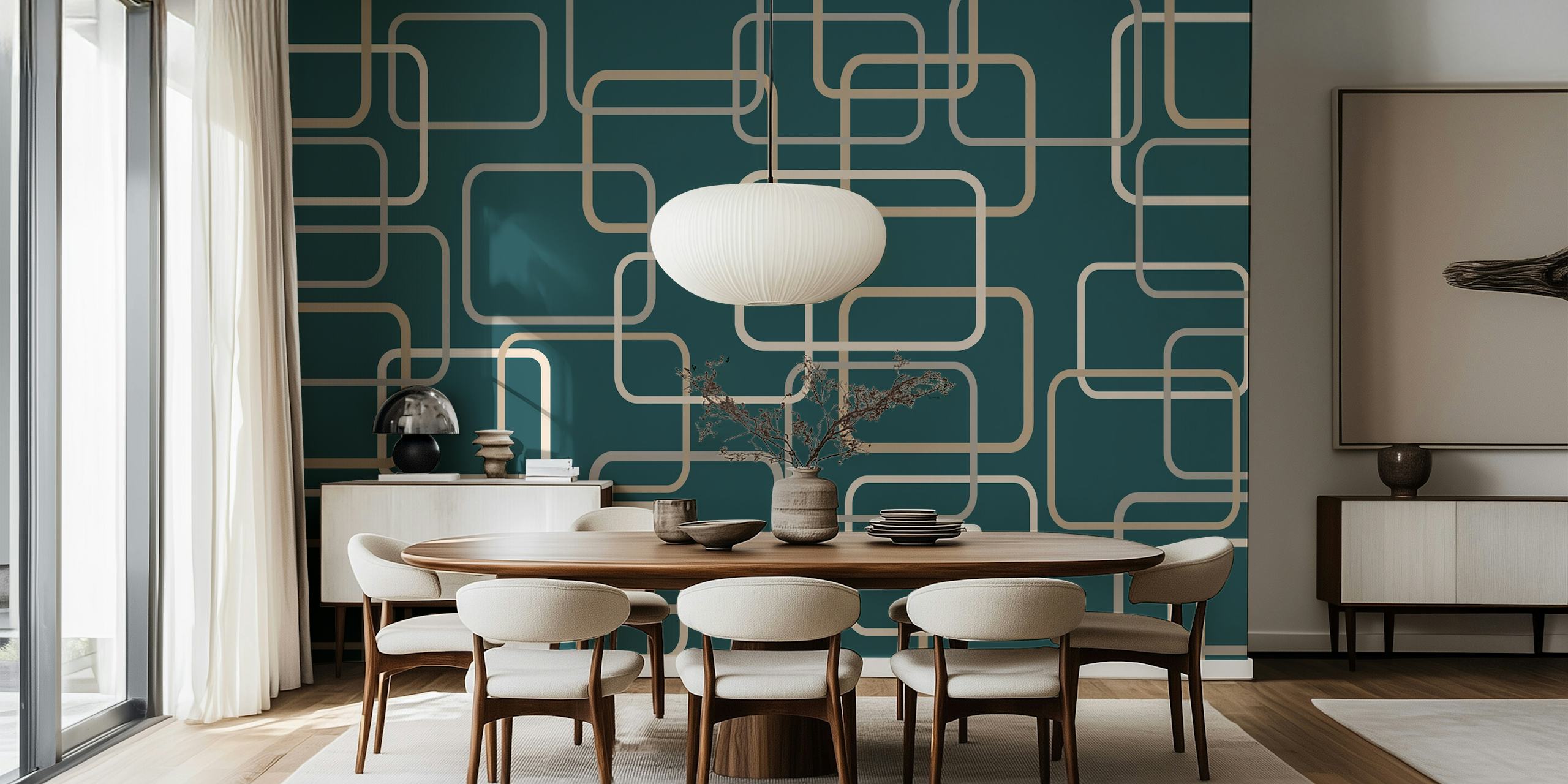 Geometric pattern with cream frames on teal background wallpaper