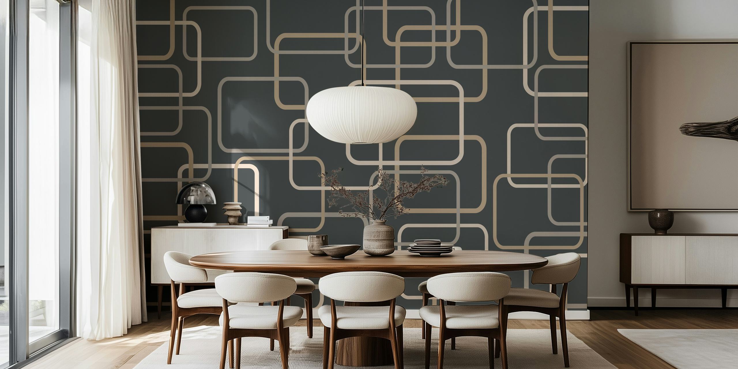 Midcentury geometrisk mønstret vægmaleri i nuancer af grå, creme og beige