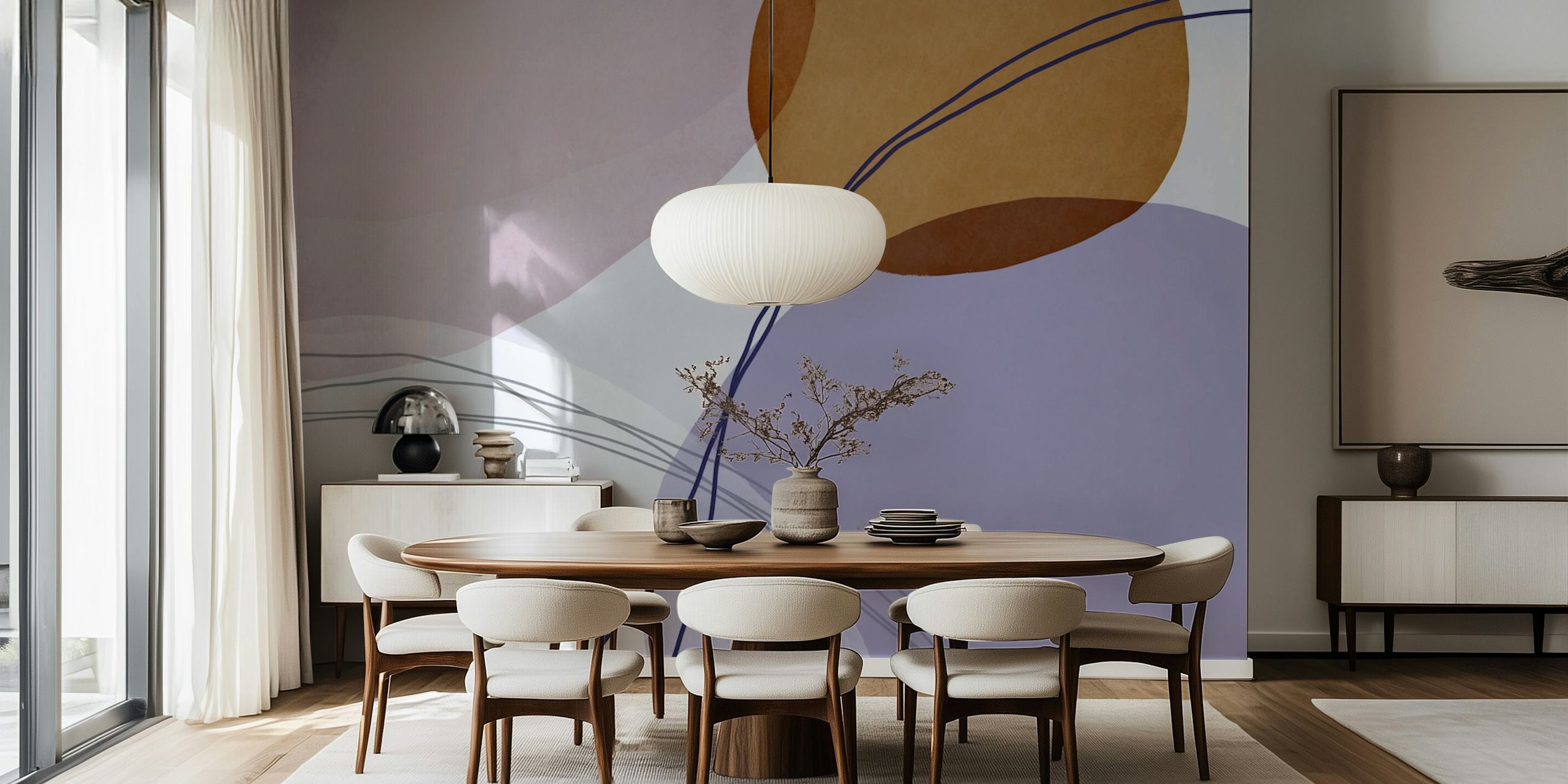Abstract pastel shapes in lavender, cream, and brown colors wallpaper