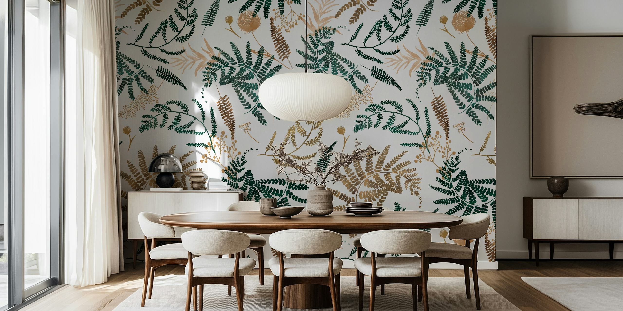 Green ferns and delicate plants on white background wallpaper