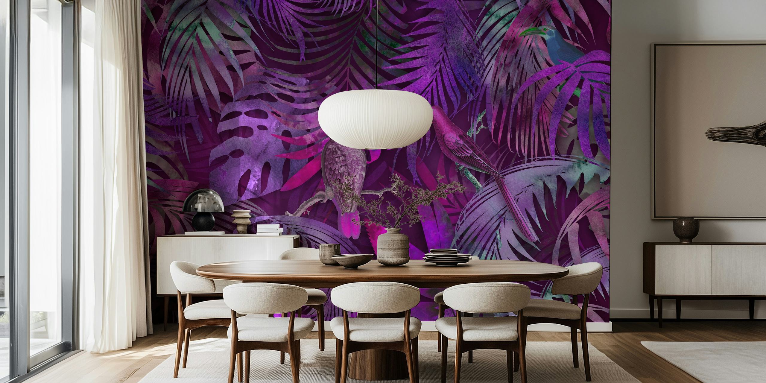 Papel pintado Parrots Mystic Jungle Pink en una habitación