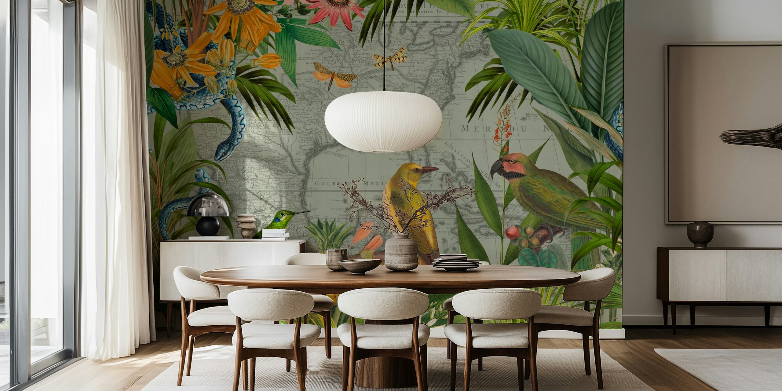 Birds and tropical flowers on an old map background wallpaper