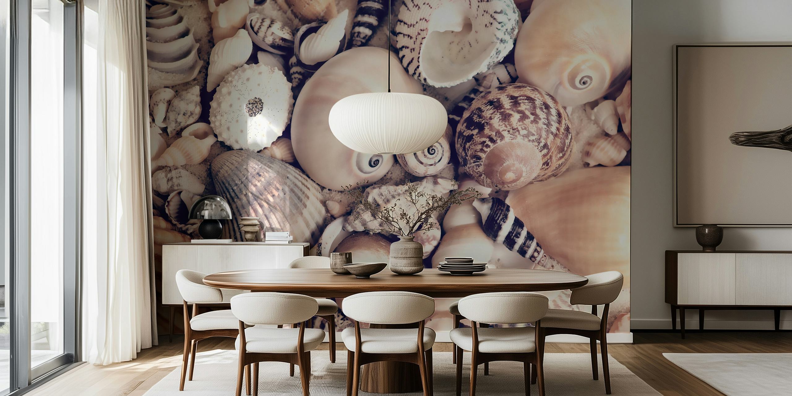 Seashell Collection wall mural with various seashells in neutral tones