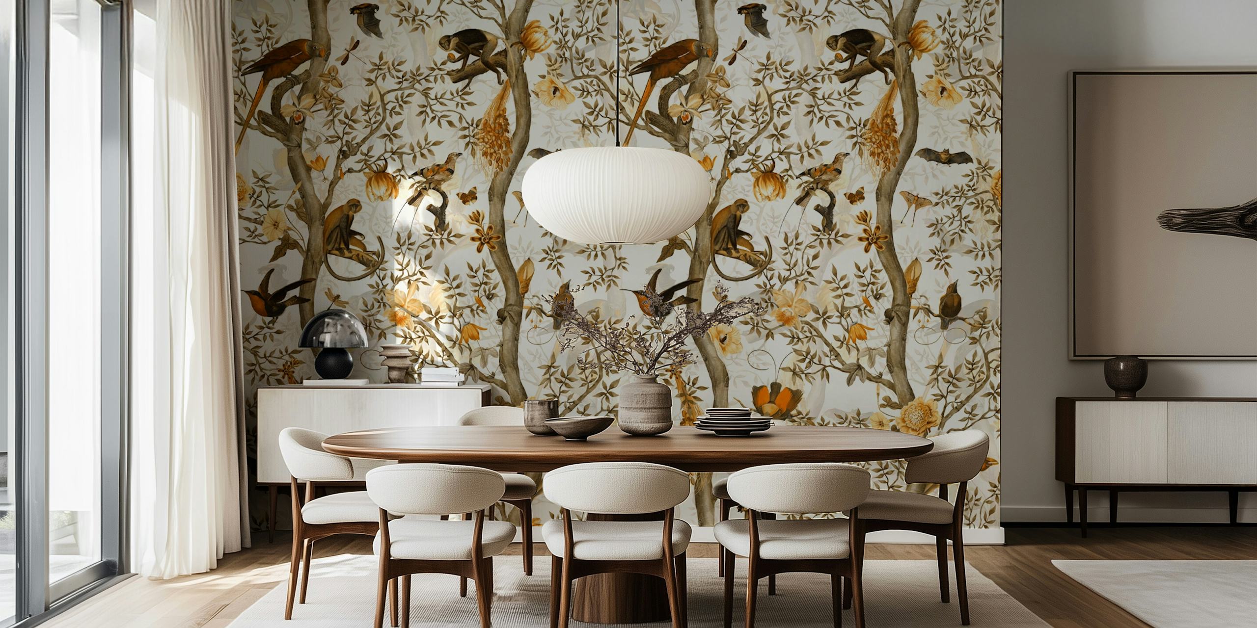 Chinoiserie monkeys and birds on branches with flowers wallpaper