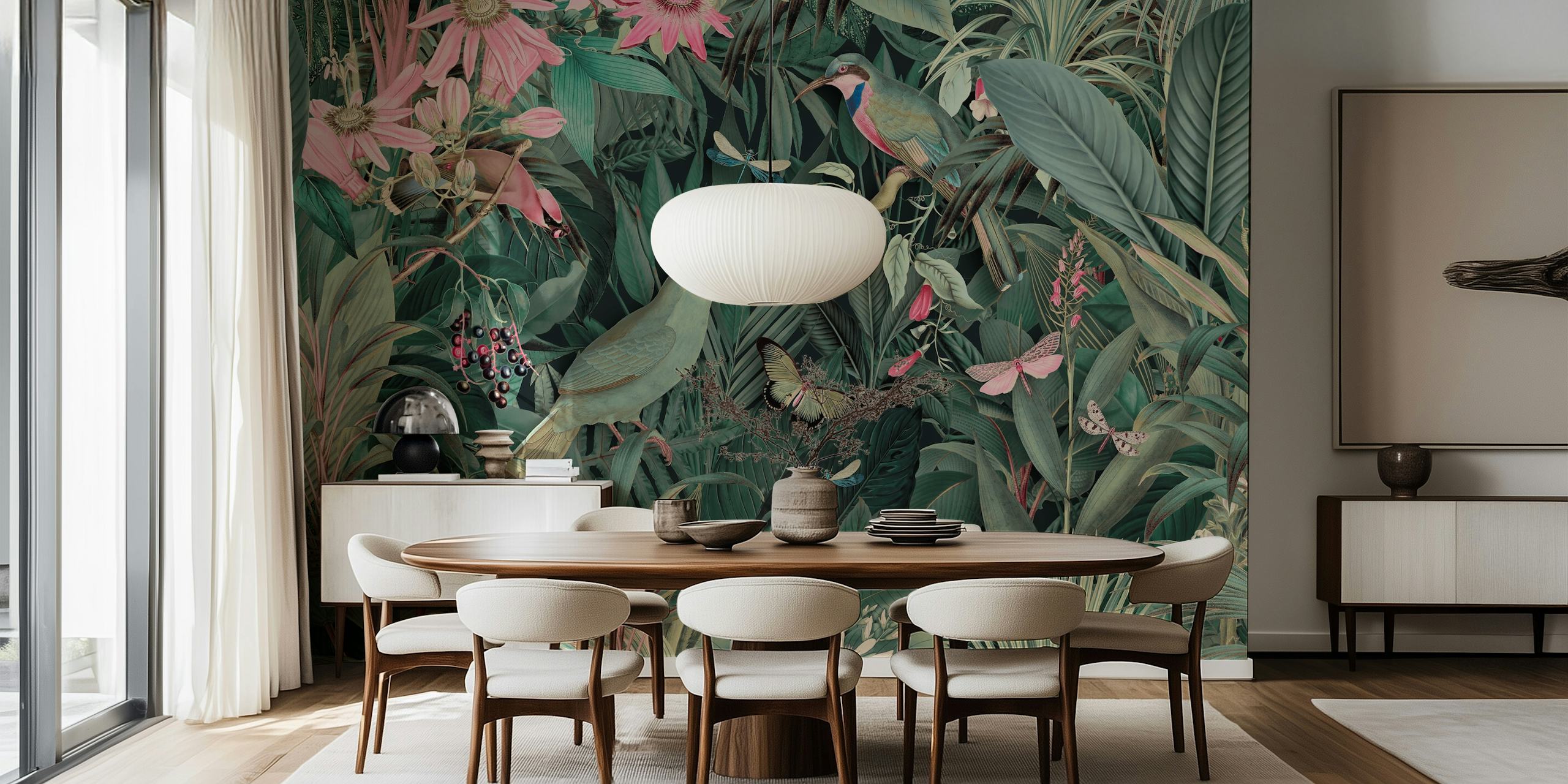 Tropical jungle with birds, flowers and greenery wallpaper