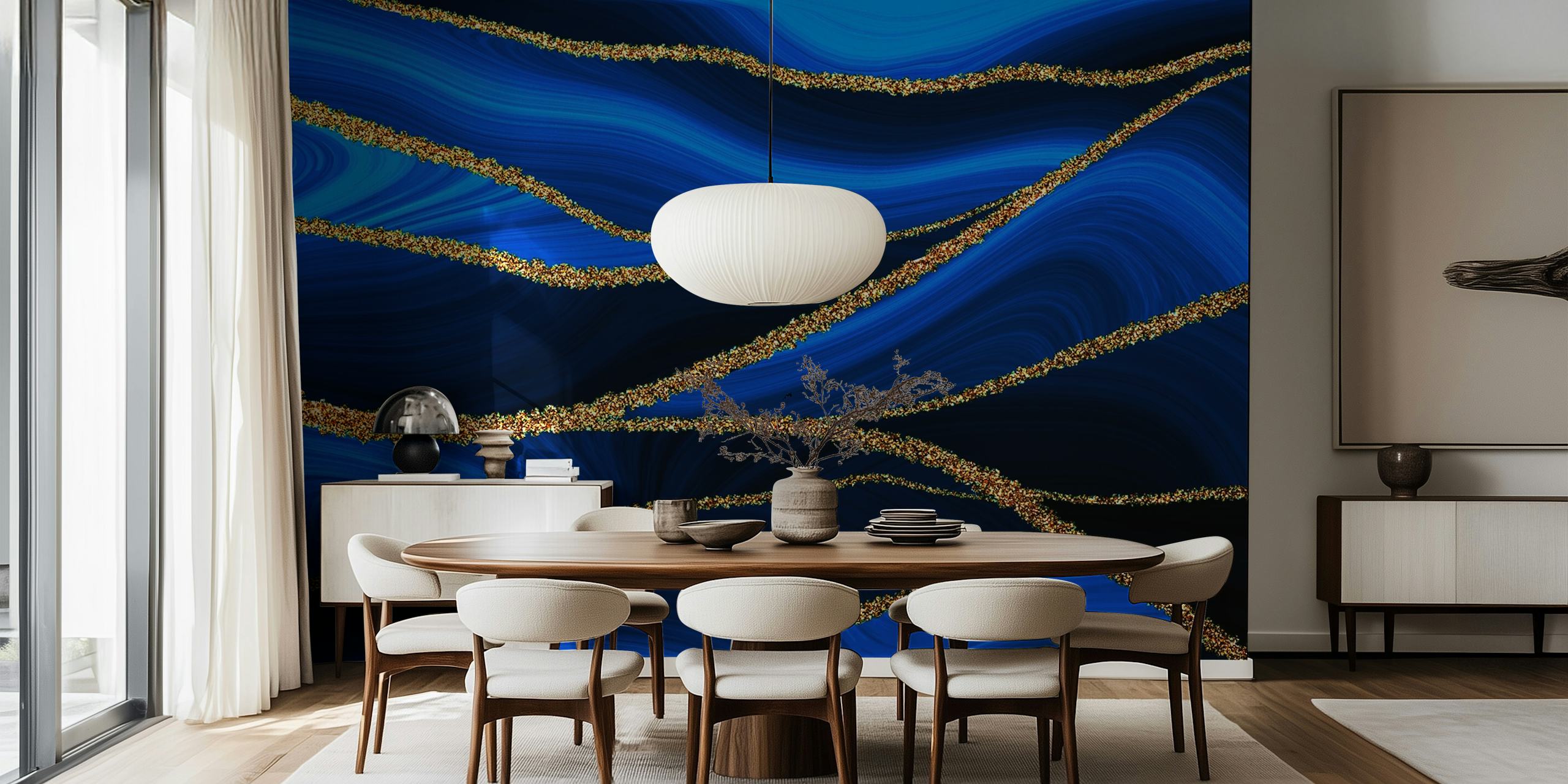 Ocean blue and gold swirling wave patterns marble wallpaper