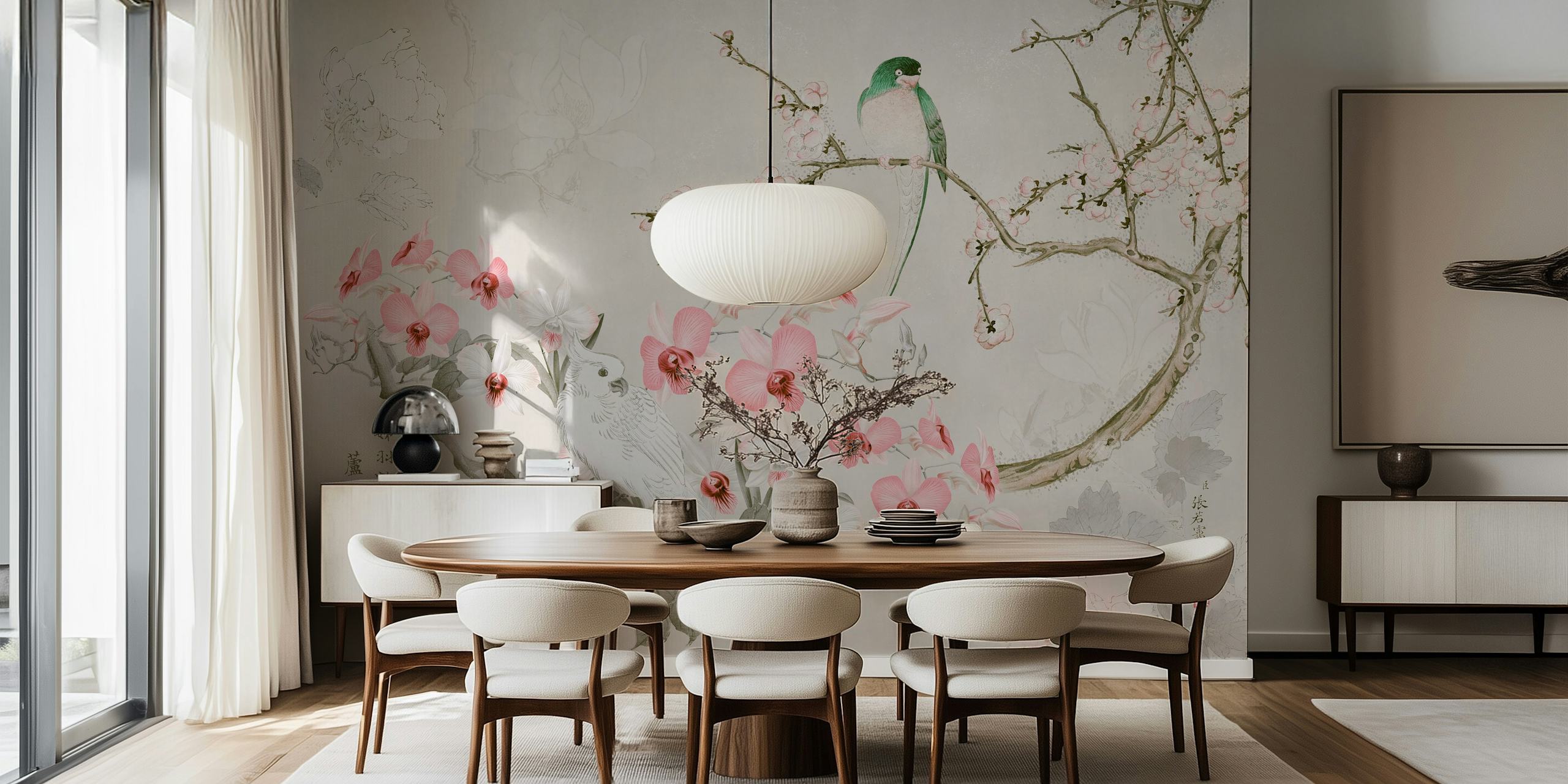 Chinoiserie fotobehang met een kaketoe op bloeiende takken