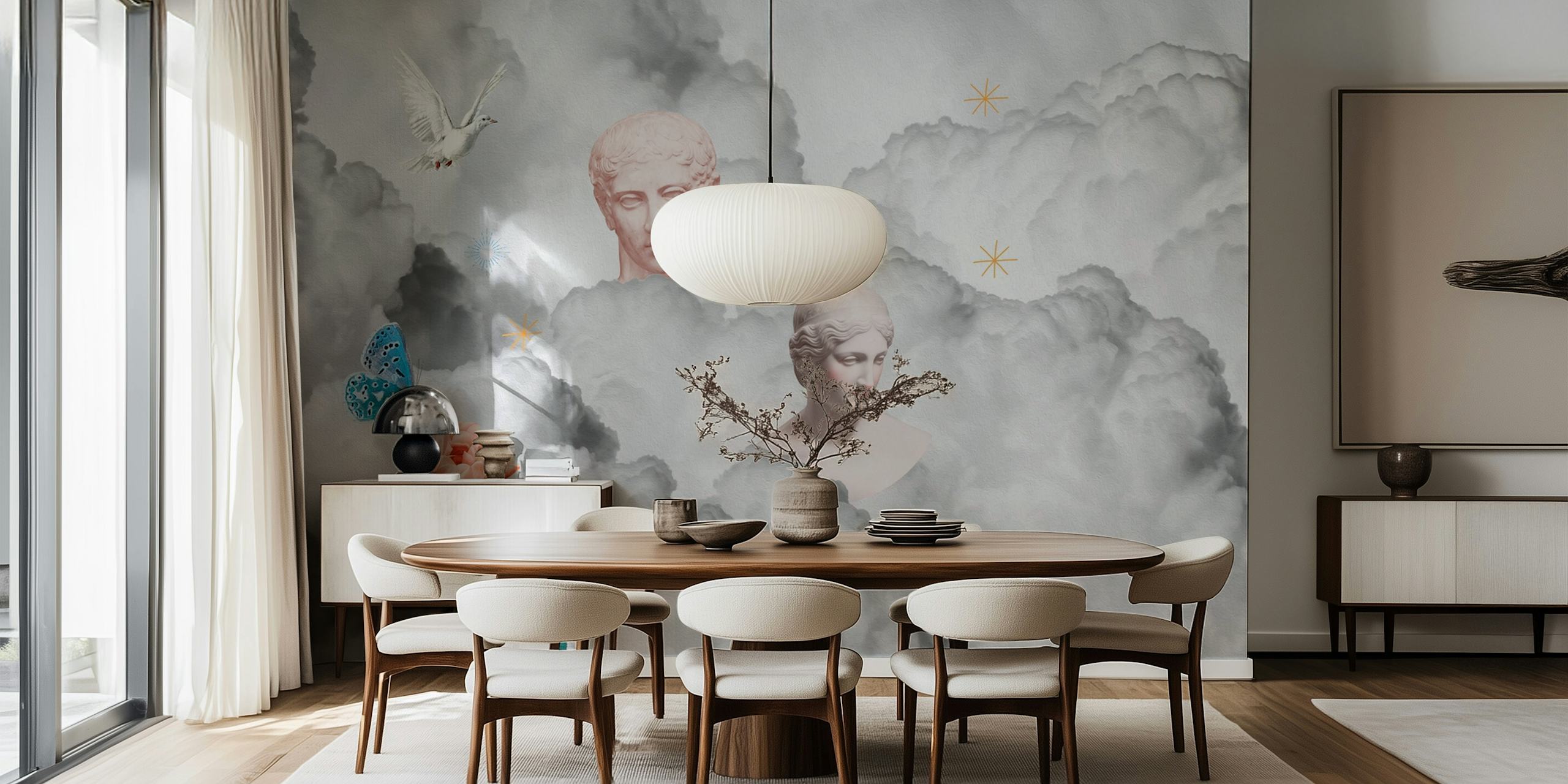Vintage aesthetic wallpaper featuring sculptures and flowers in soft clouds