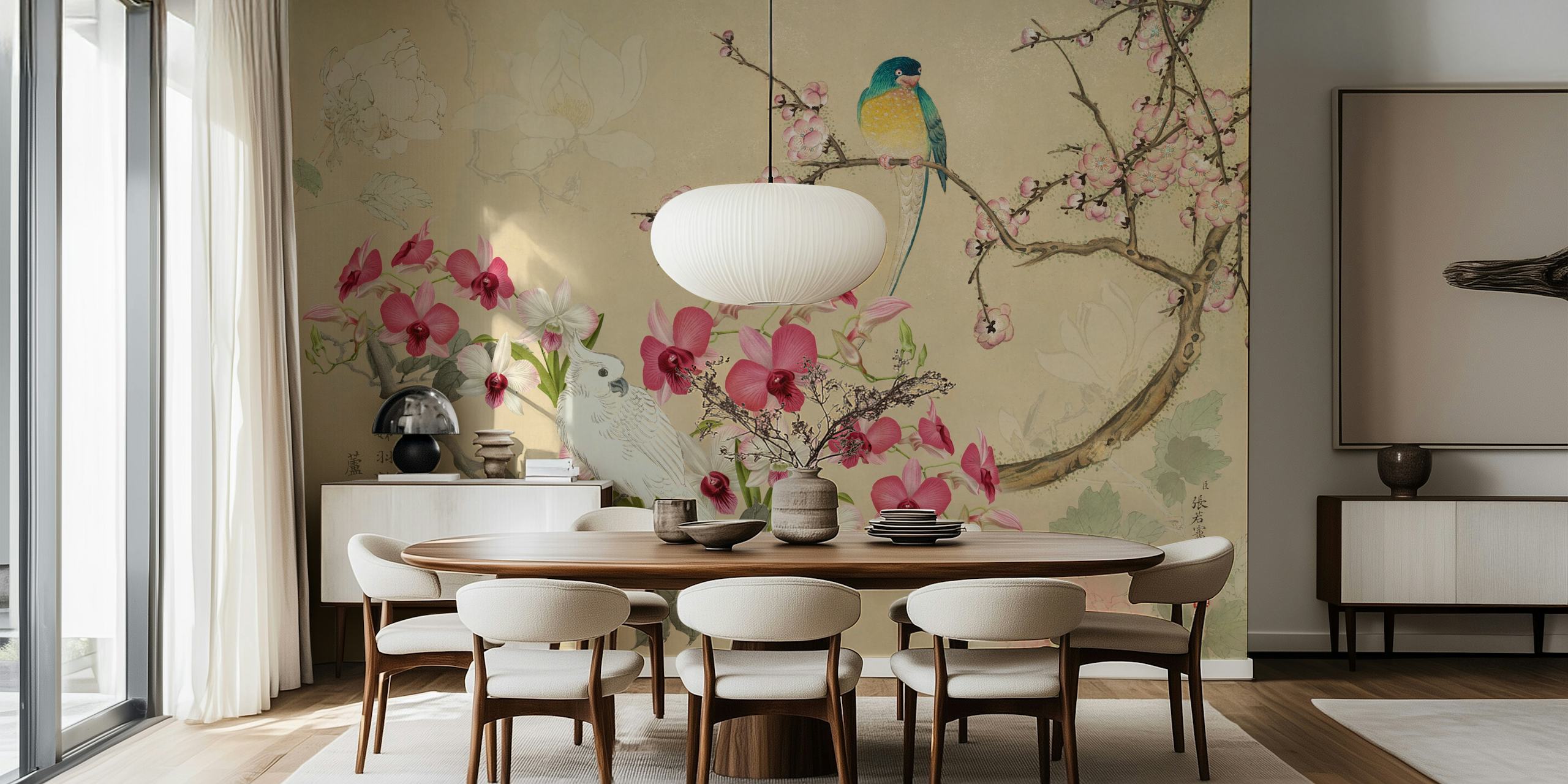 Design tapet Floral Chinoiserie Cockatoo w pomieszczeniu