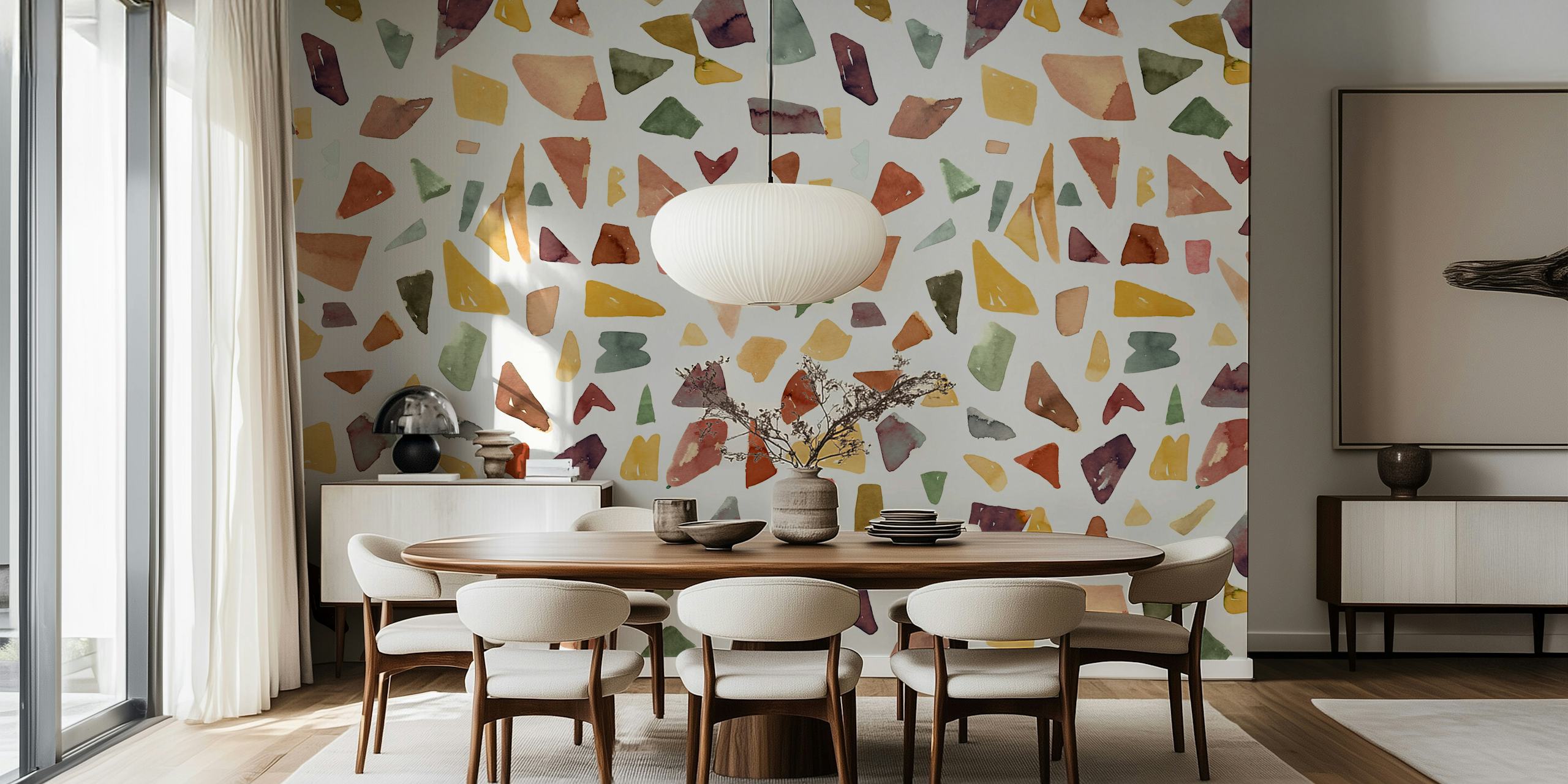 Colorful geometric shapes in earthy tones on light background wallpaper