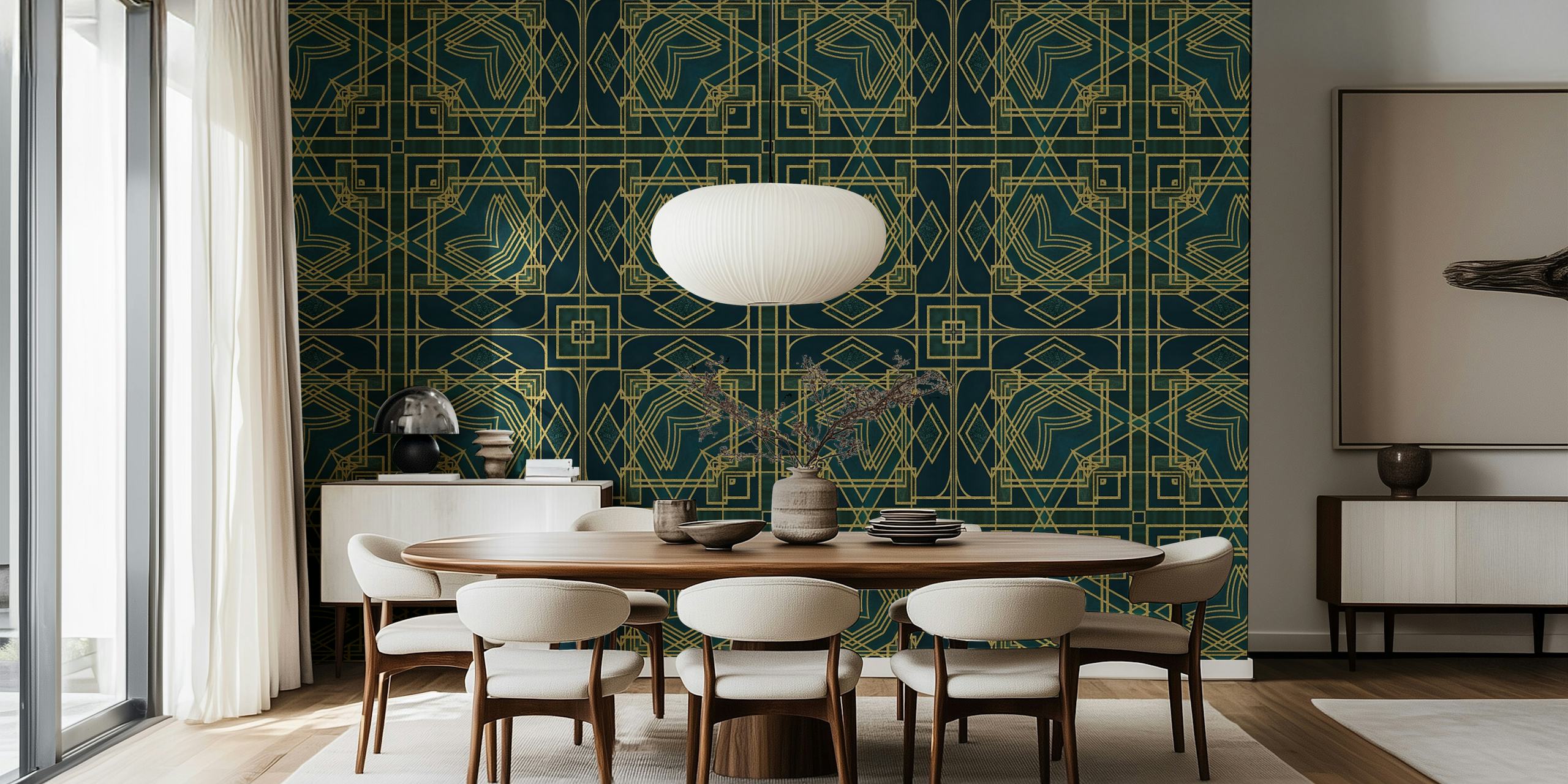 Tapeta Gold i Dark Green Art Deco przedstawiająca luksus ery Gatsby'ego