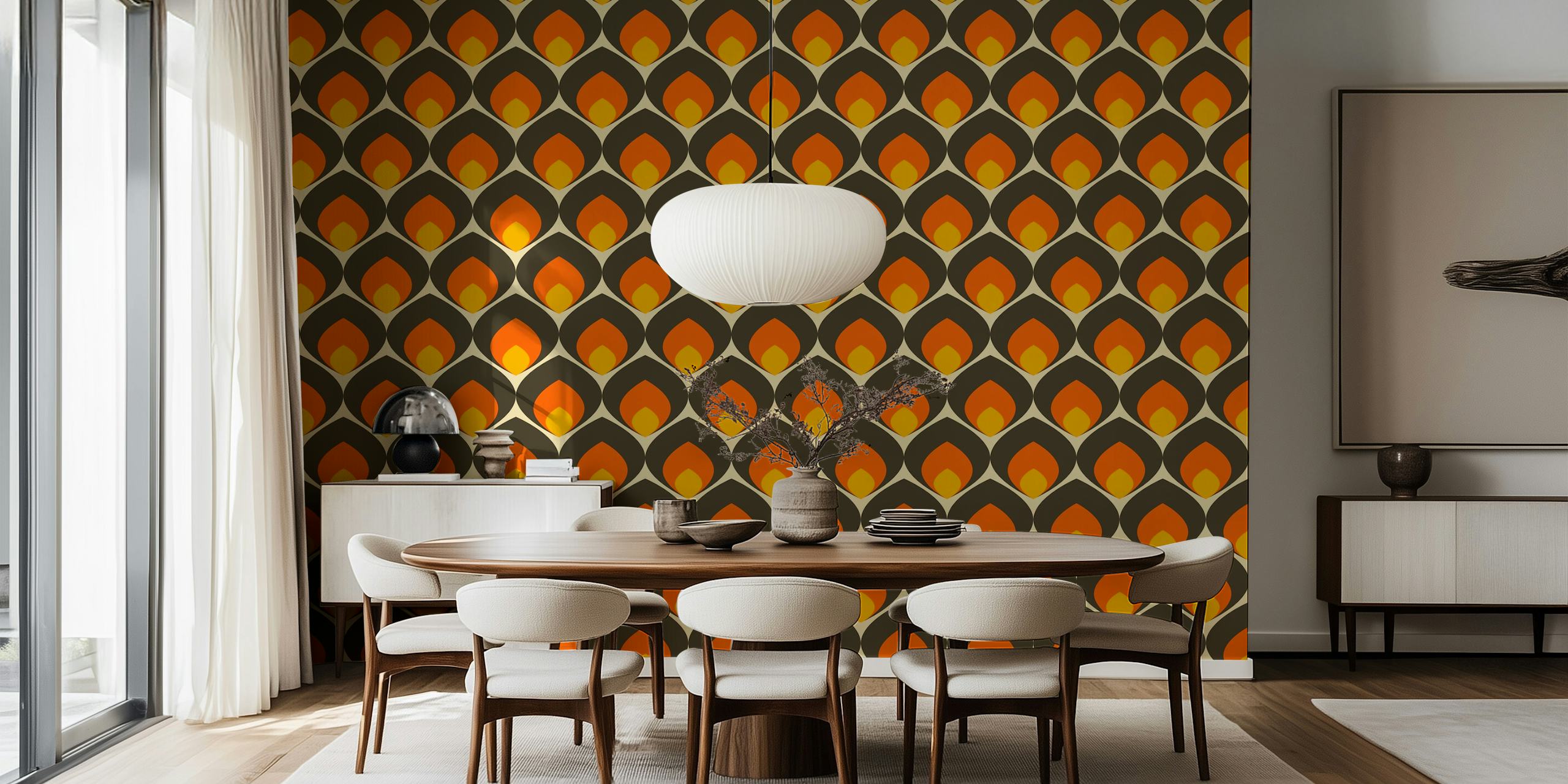 Teardrop patterns in orange, yellow, and brown on a black background wallpaper