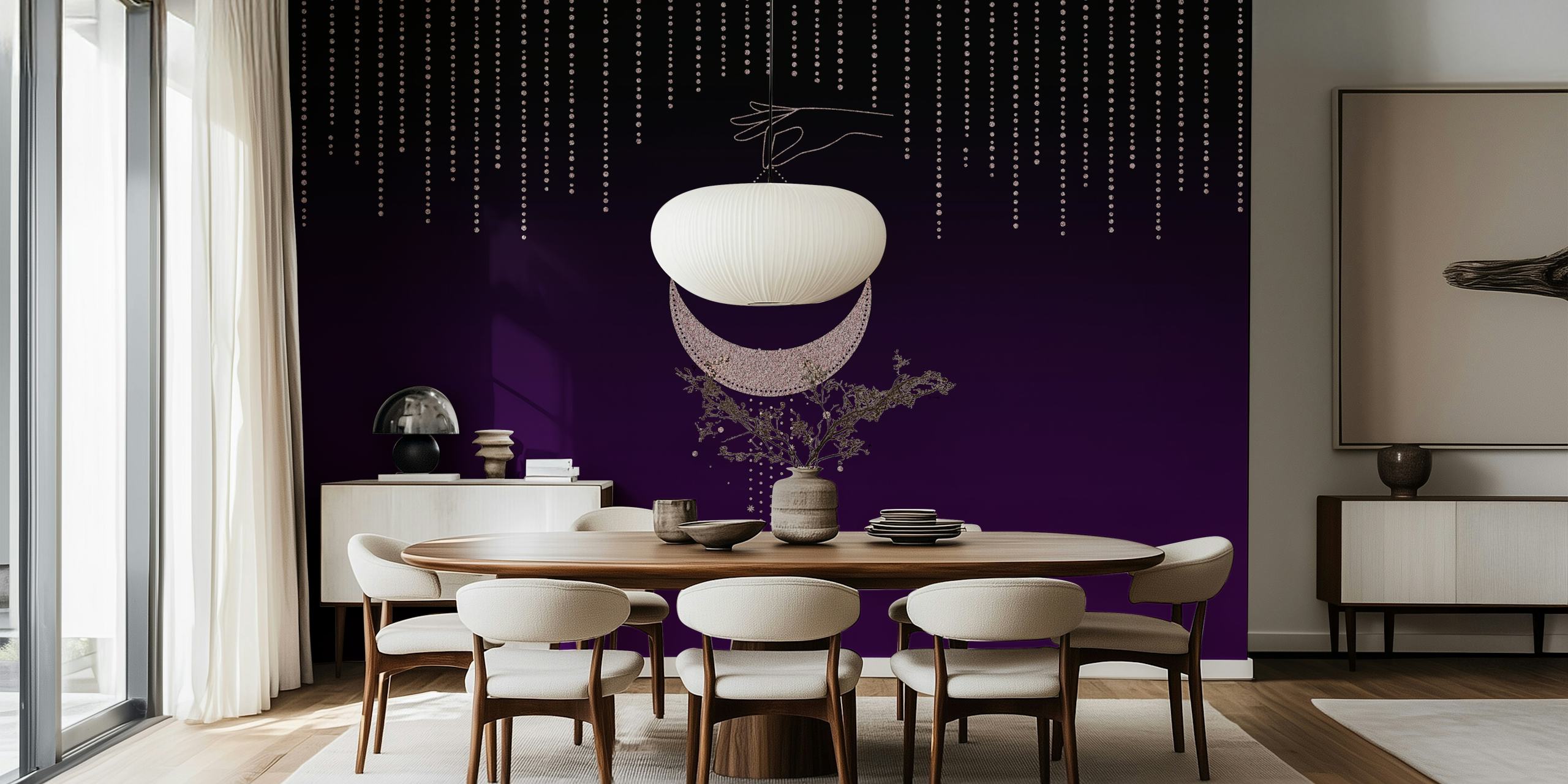Celestial moon and stars design in shades of purple and silver wallpaper