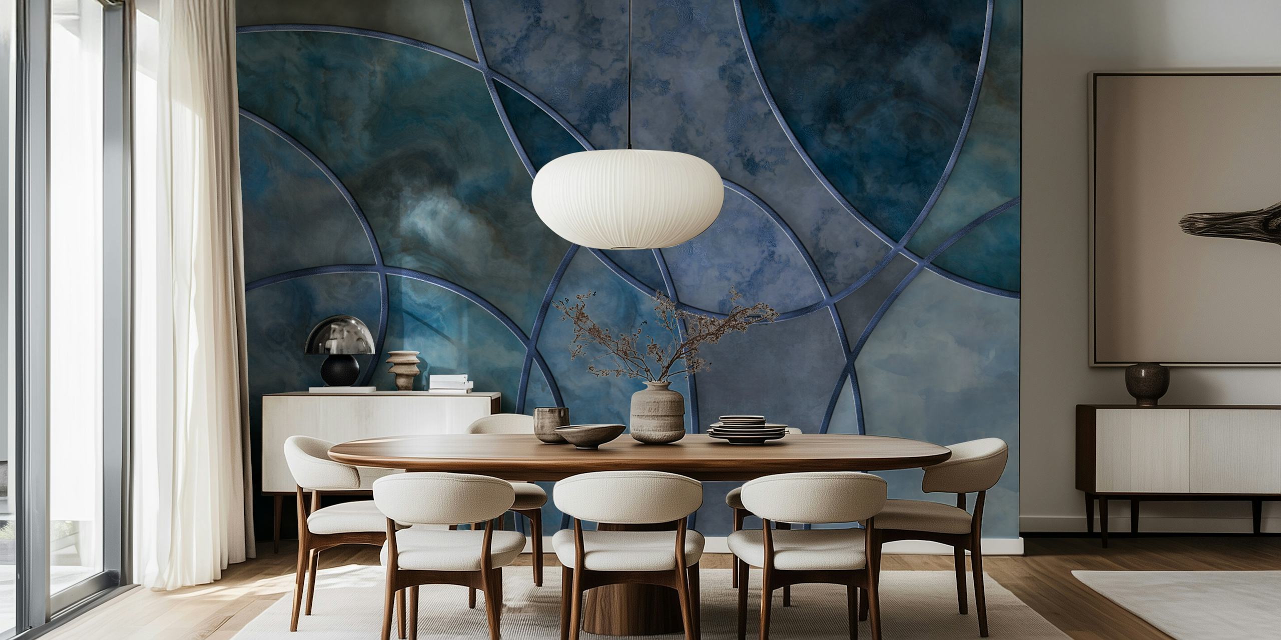 Veggmaleri med abstrakte former i blå marmor