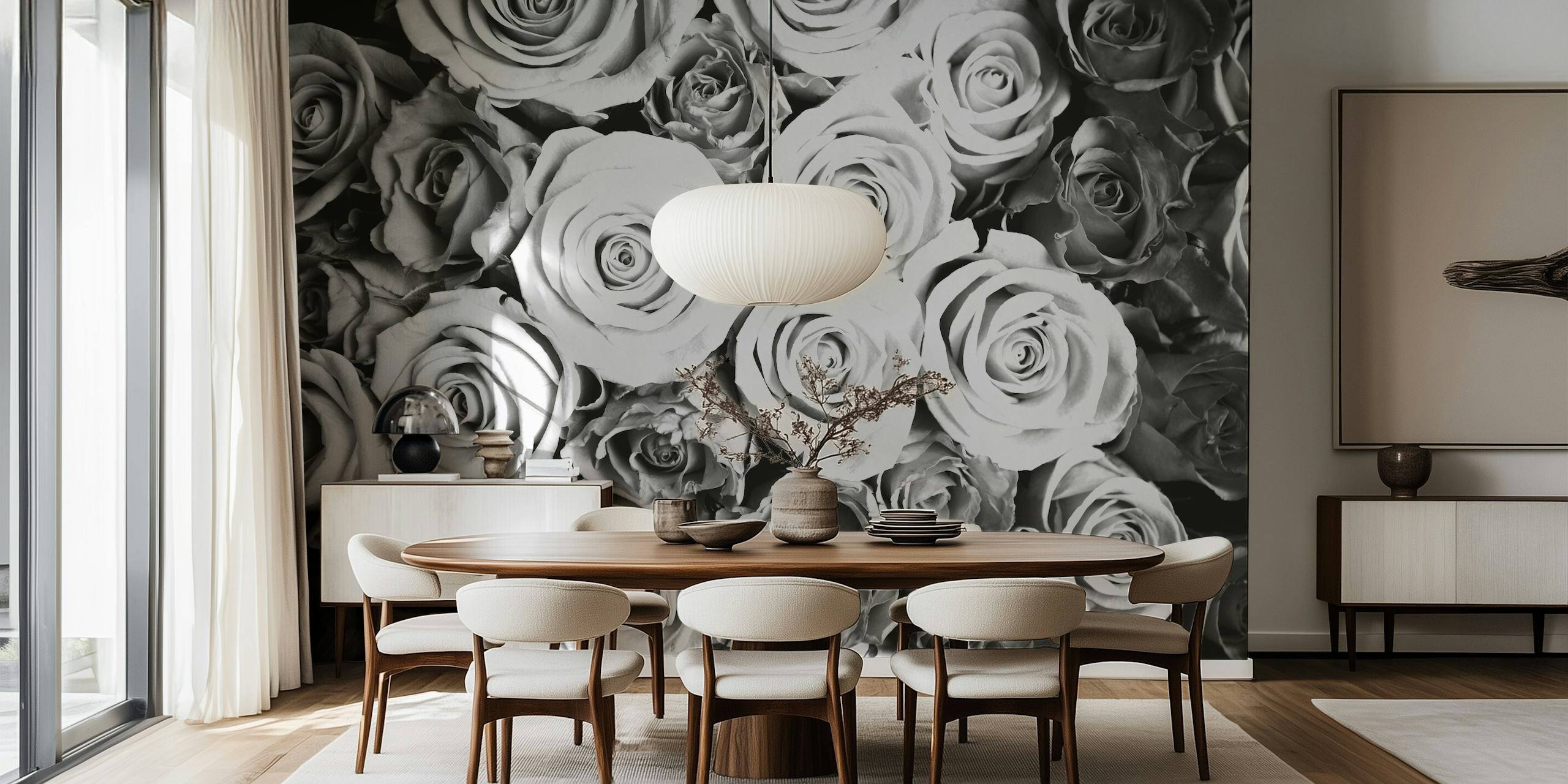 Black and white rose wallpaper in a room