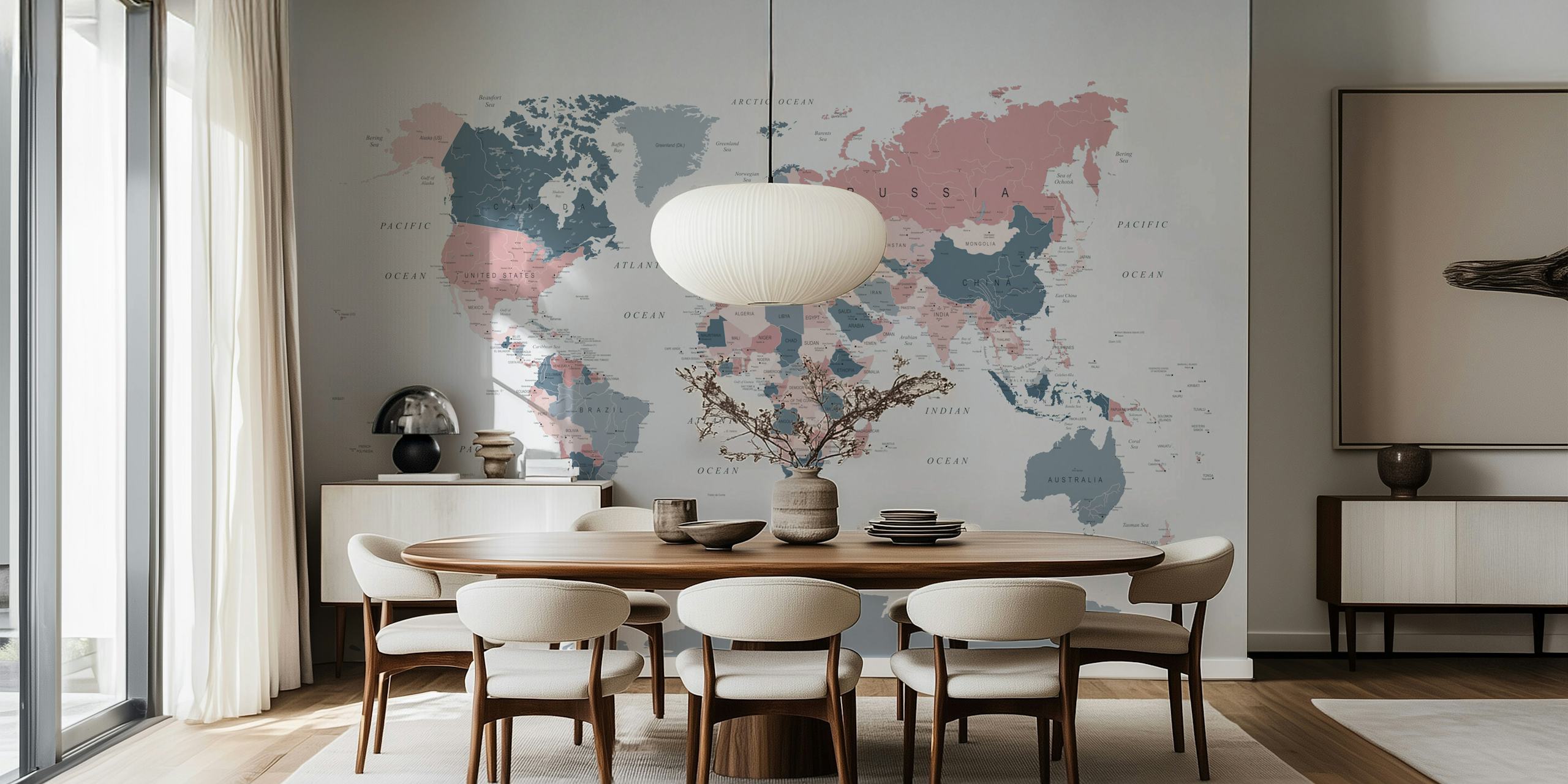 World map design in pink and blue colors, detailed outlines. educational wallpaper
