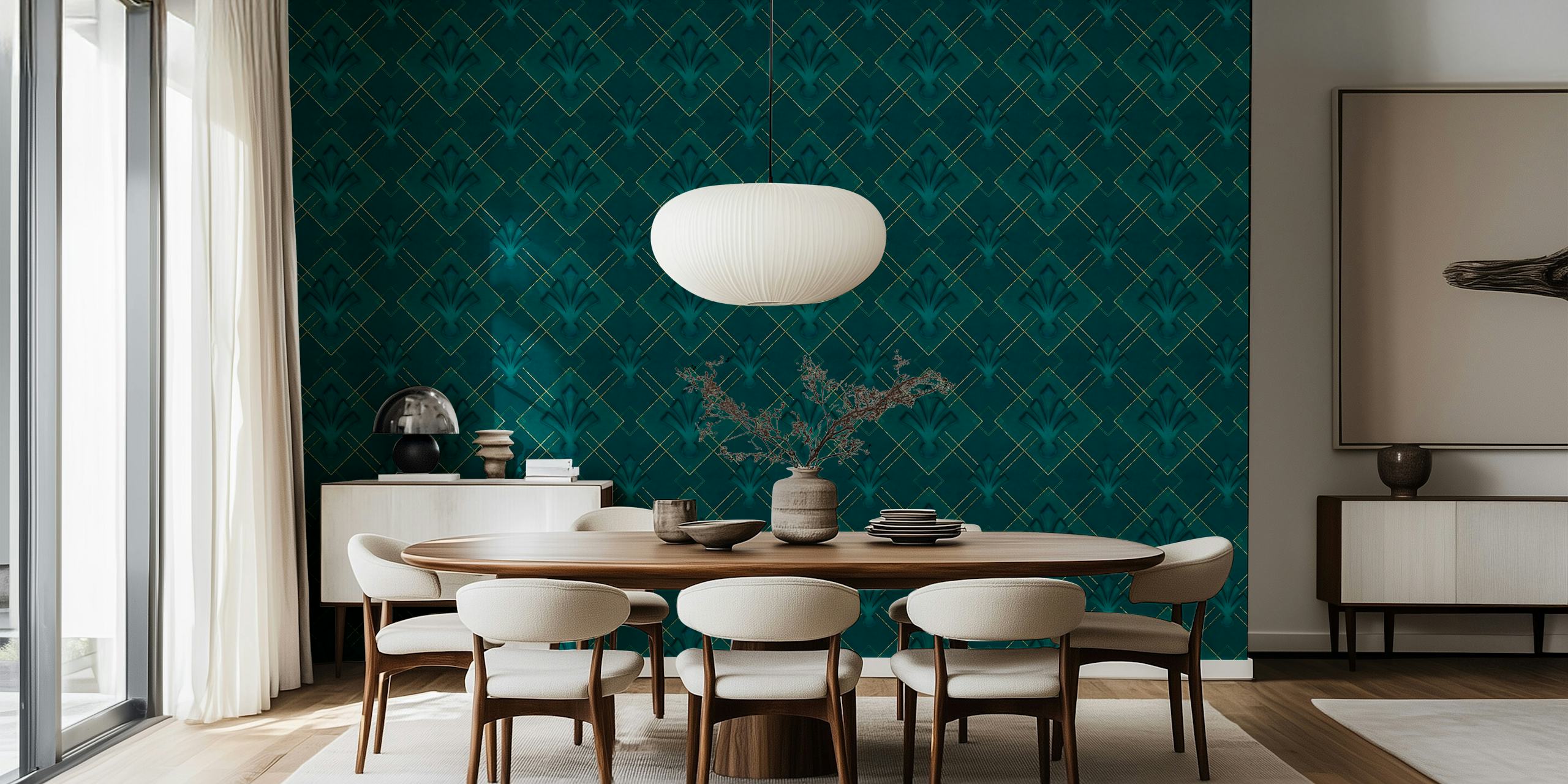 Art Deco Emerald Green tapetti esillä huoneessa