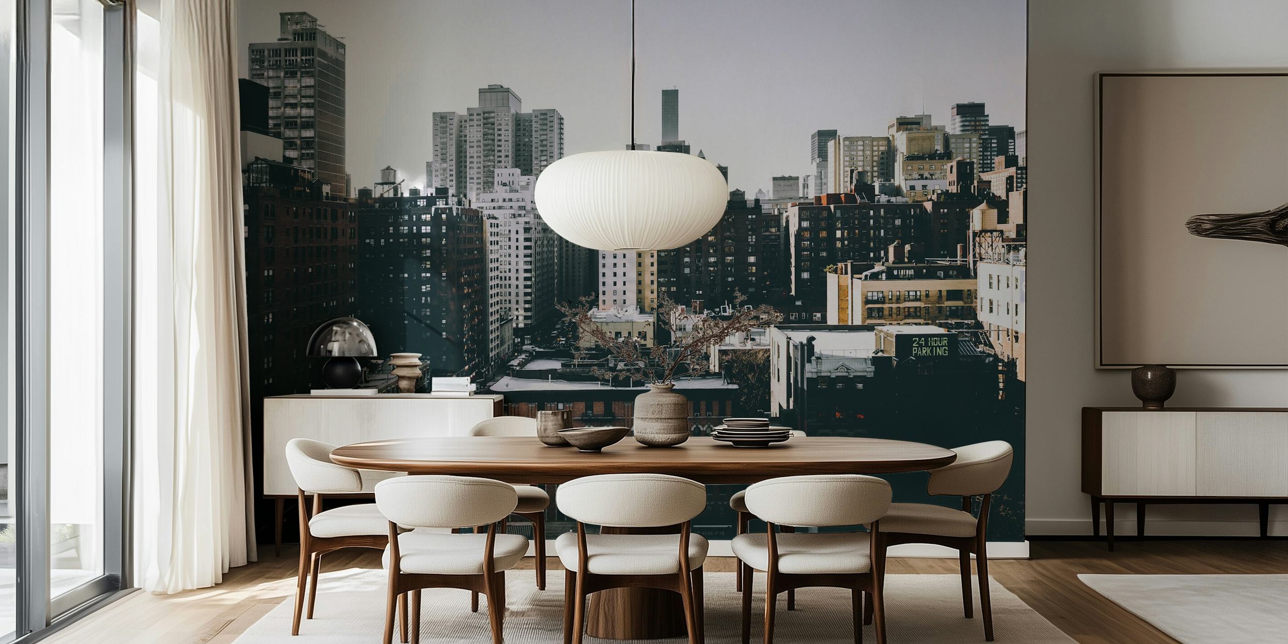 Cityscape of buildings in muted tones wallpaper