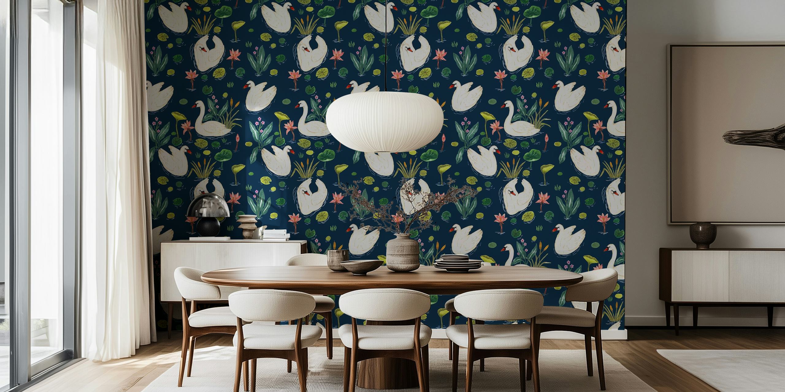 Elegante Schwäne auf einem sternenklaren See mit Seerosenblättern und Blumenwandbild