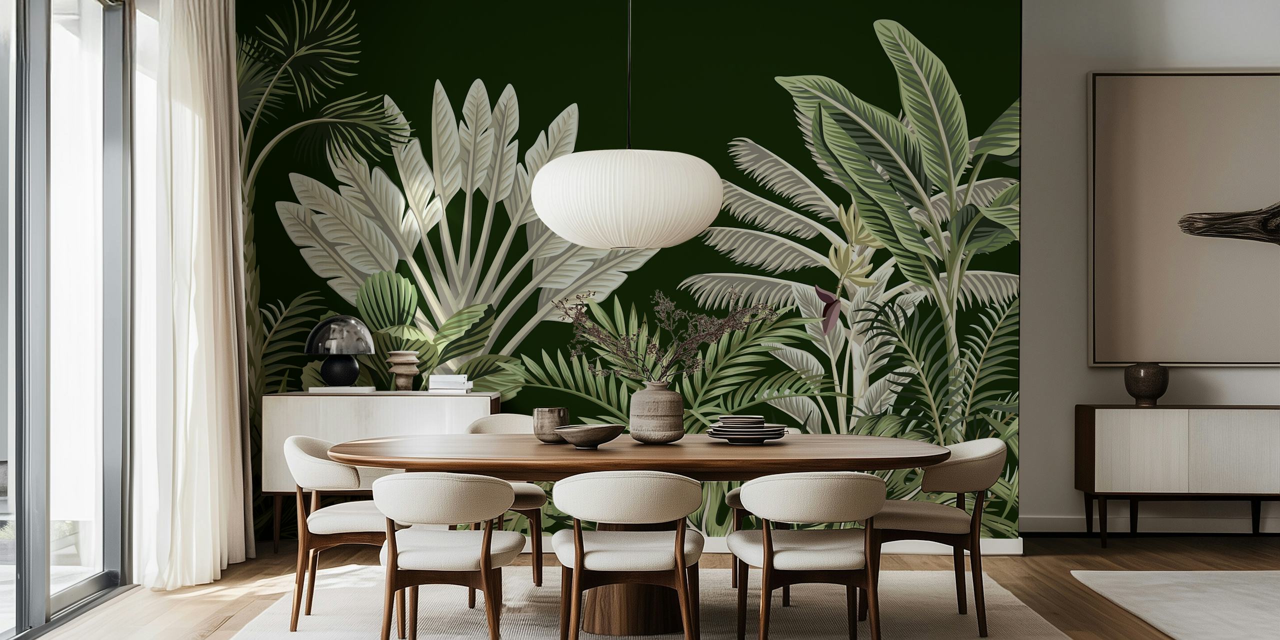 Elegantní černobílé vzory tropické flóry na fototapetě