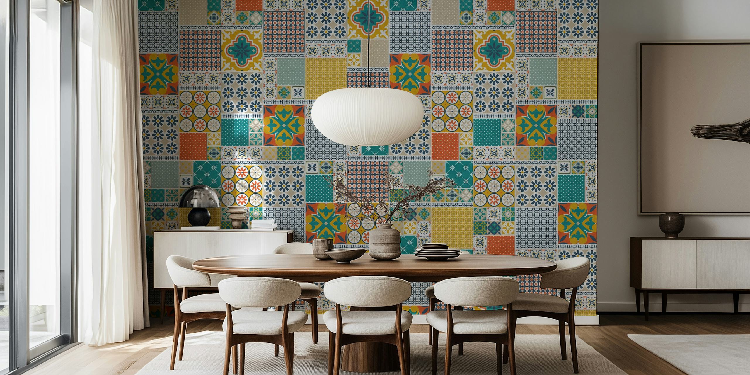 Ταπετσαρία Alhambra Tiles Multicolour εμφανίζεται σε ένα δωμάτιο