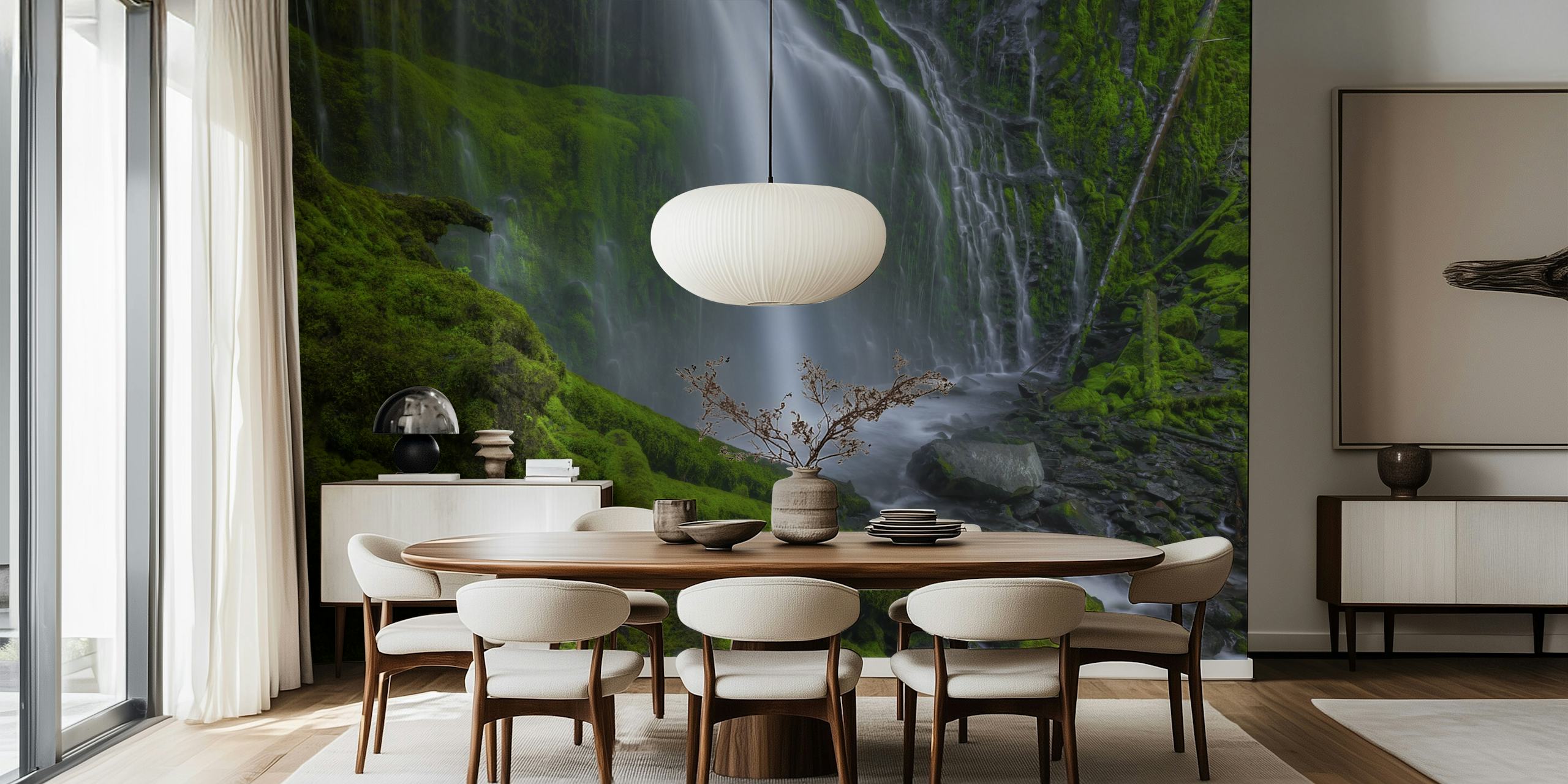 Waterfall with lush green moss and rocks wallpaper