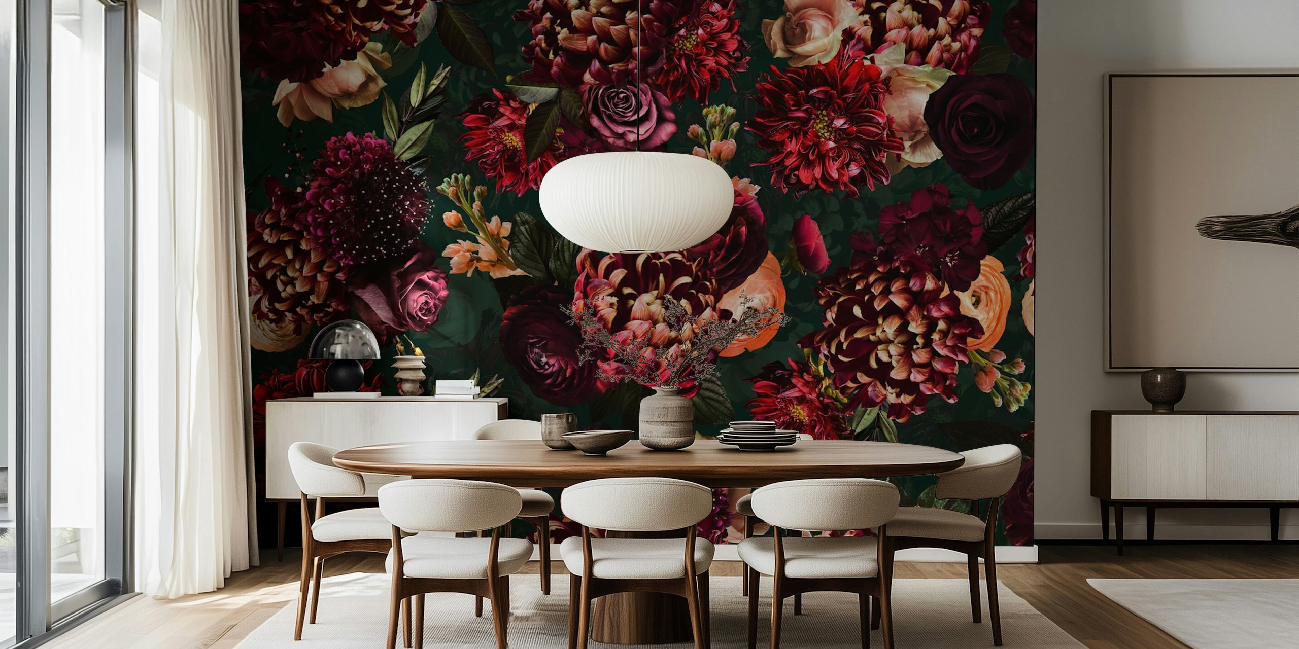 Dark floral wallpaper featuring bold red and pink flowers on a green background