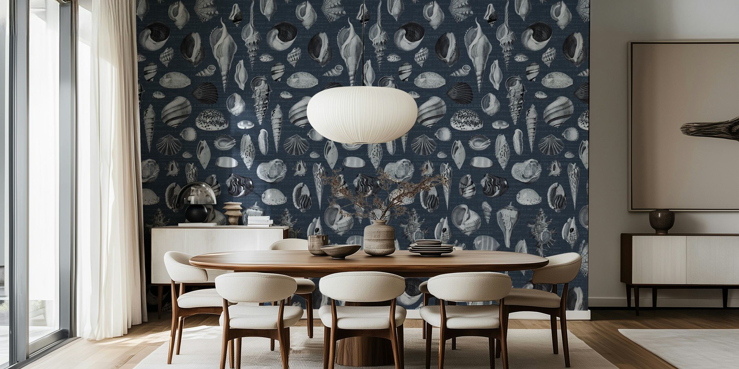 Nautilus in grey navy blue behang in een kamer