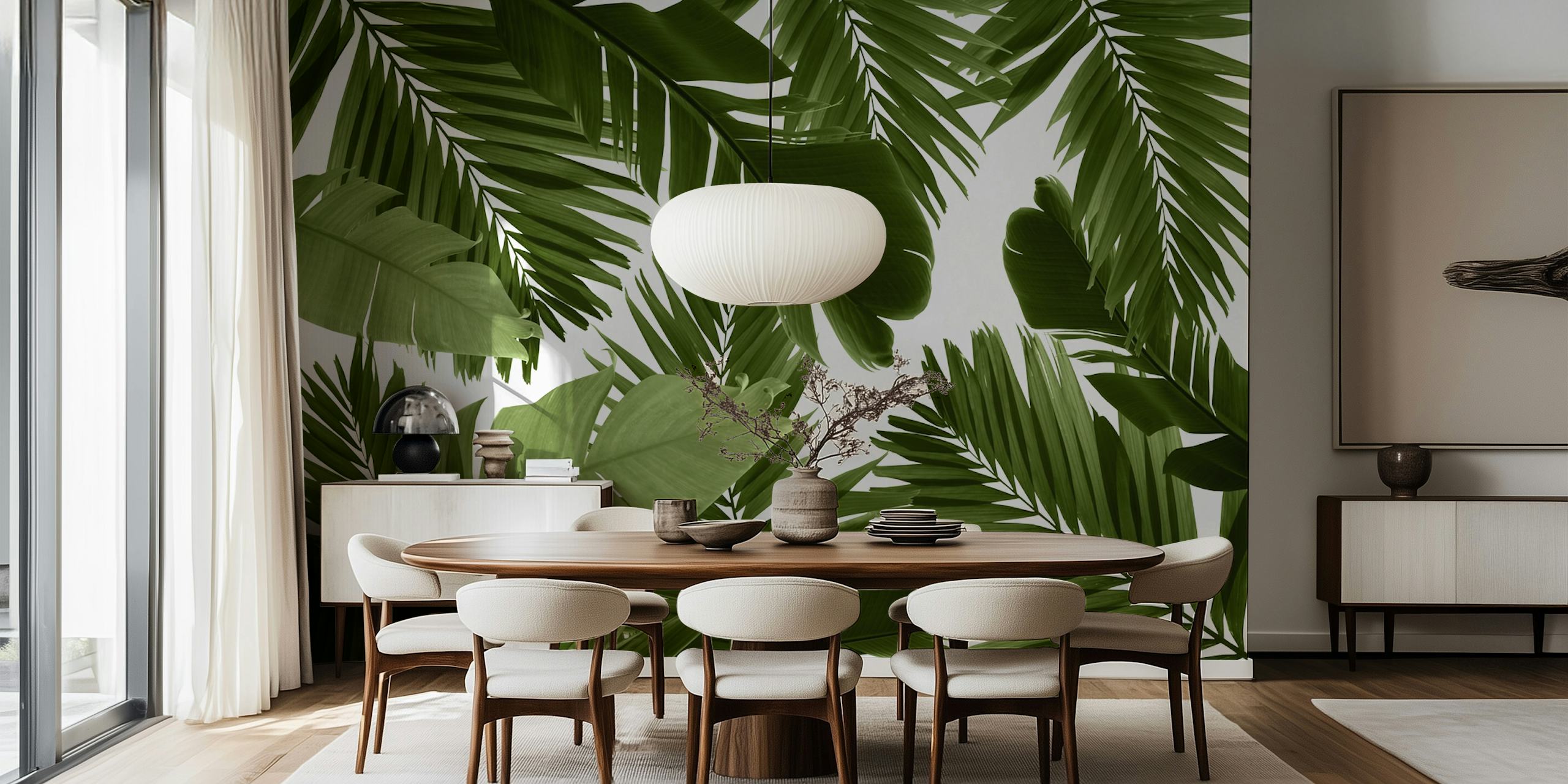 Tropical green palm leaves on a white background wallpaper
