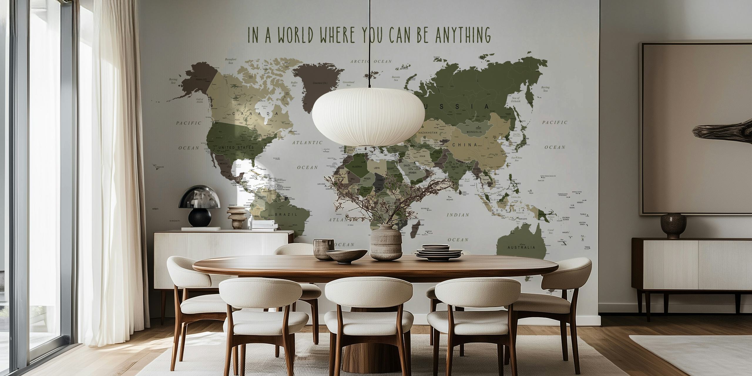 Be Kind World Map tapet i et stilrent rom