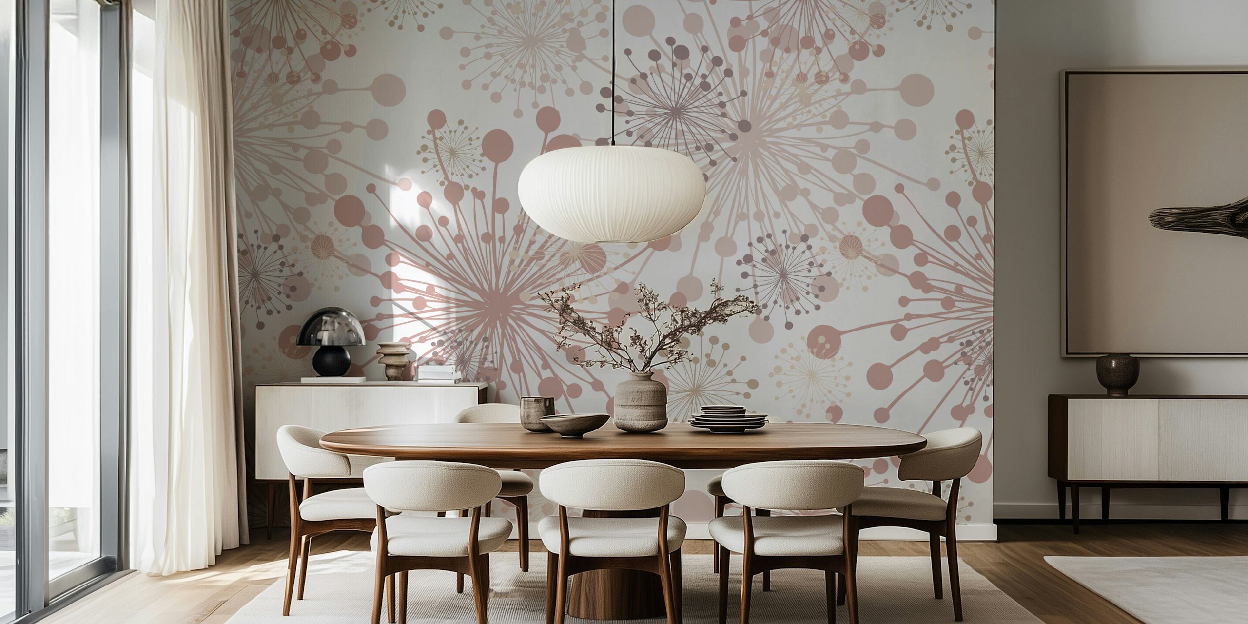 Dandelions white blush beige wallpaper in a room