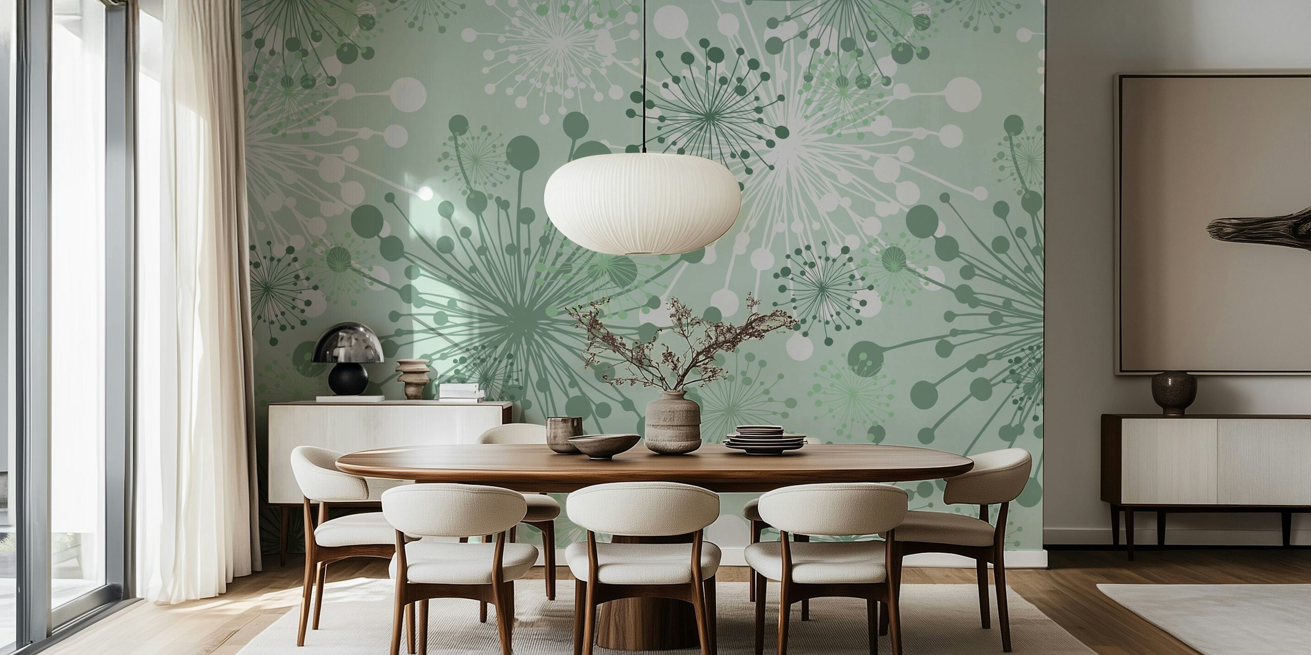 Dandelions mint sage green diseño de papel tapiz
