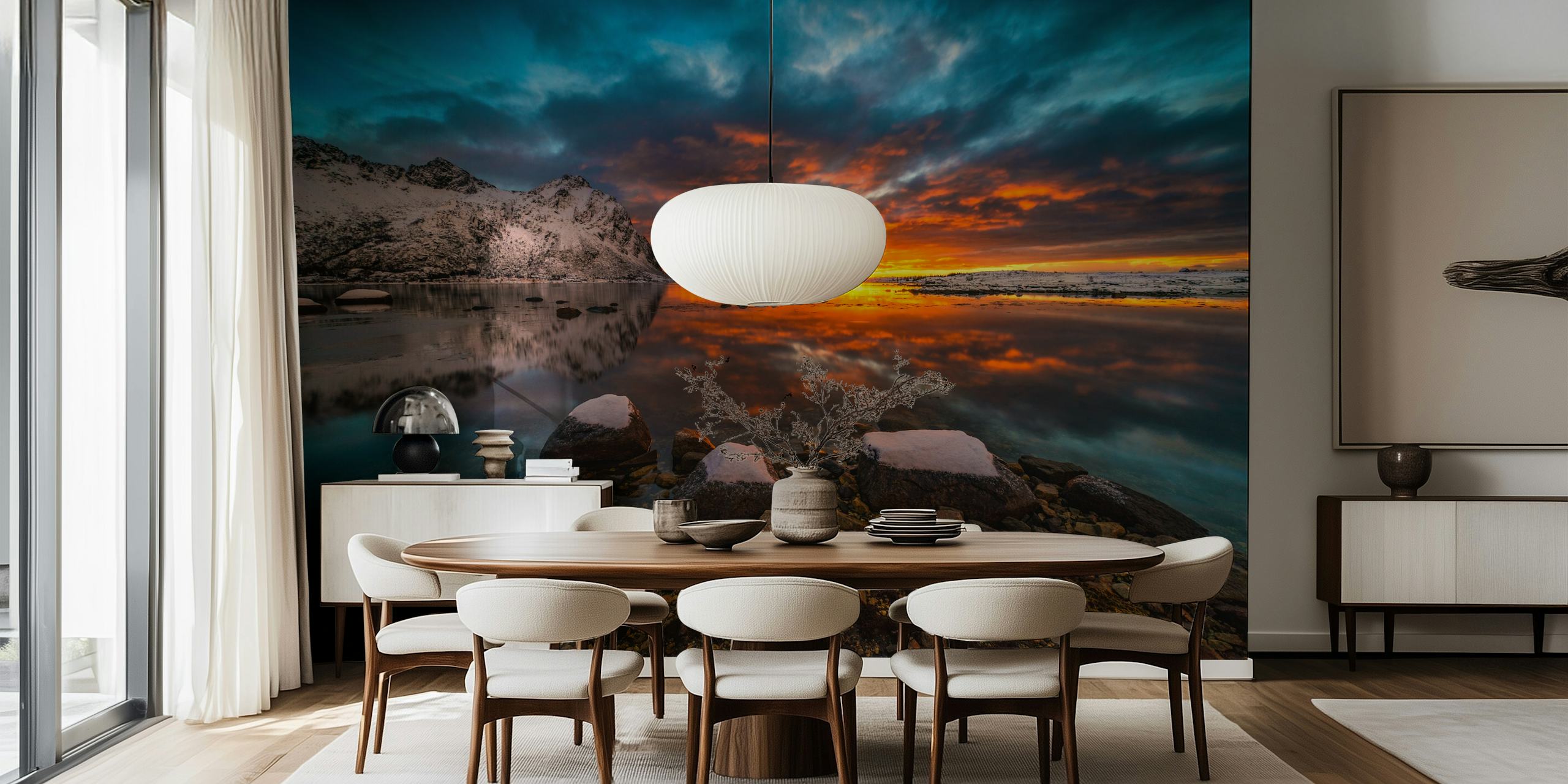 Sky on fire wallpaper in a room setting