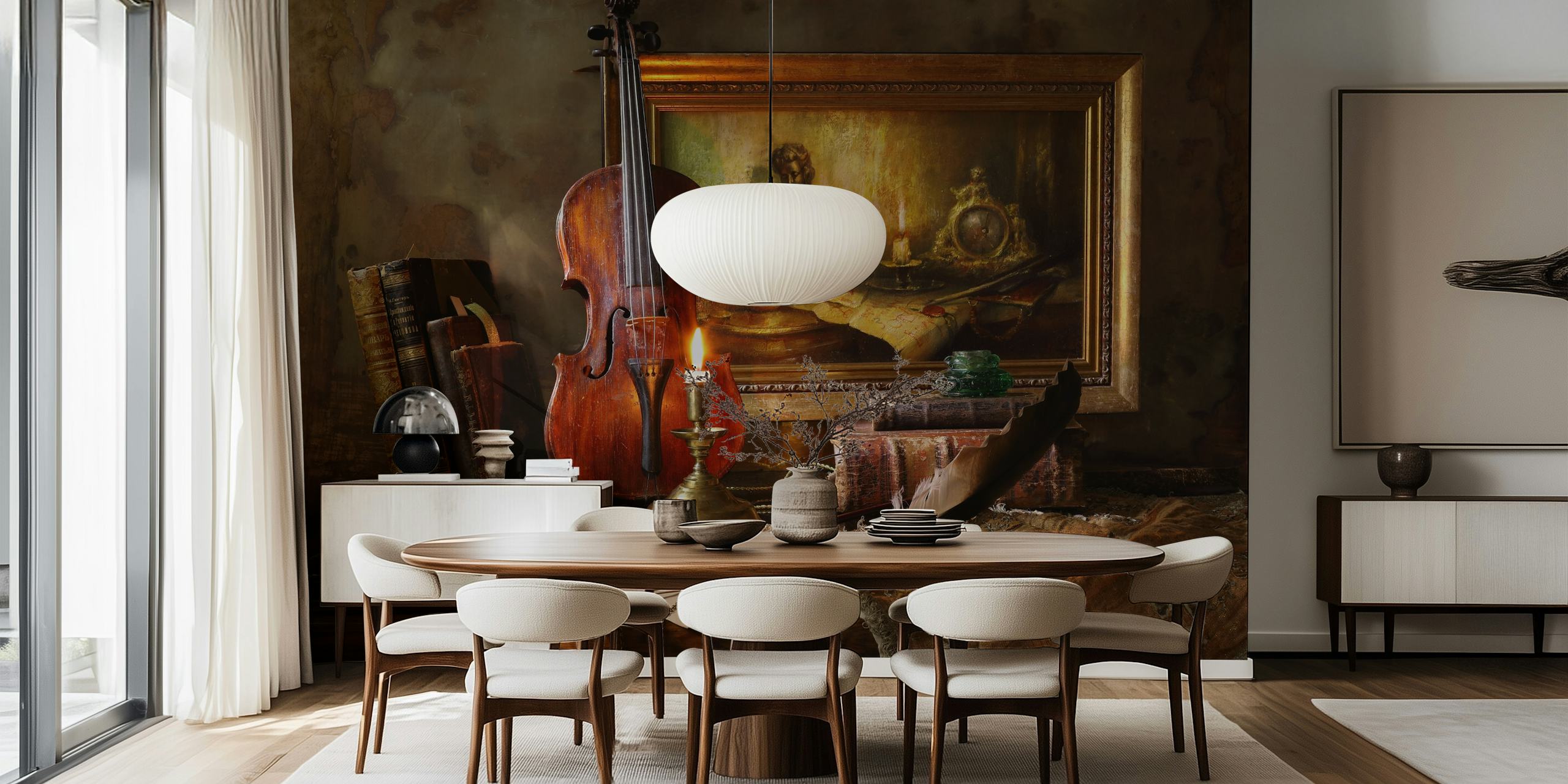Violin, stack of books, candle and painting still life wallpaper