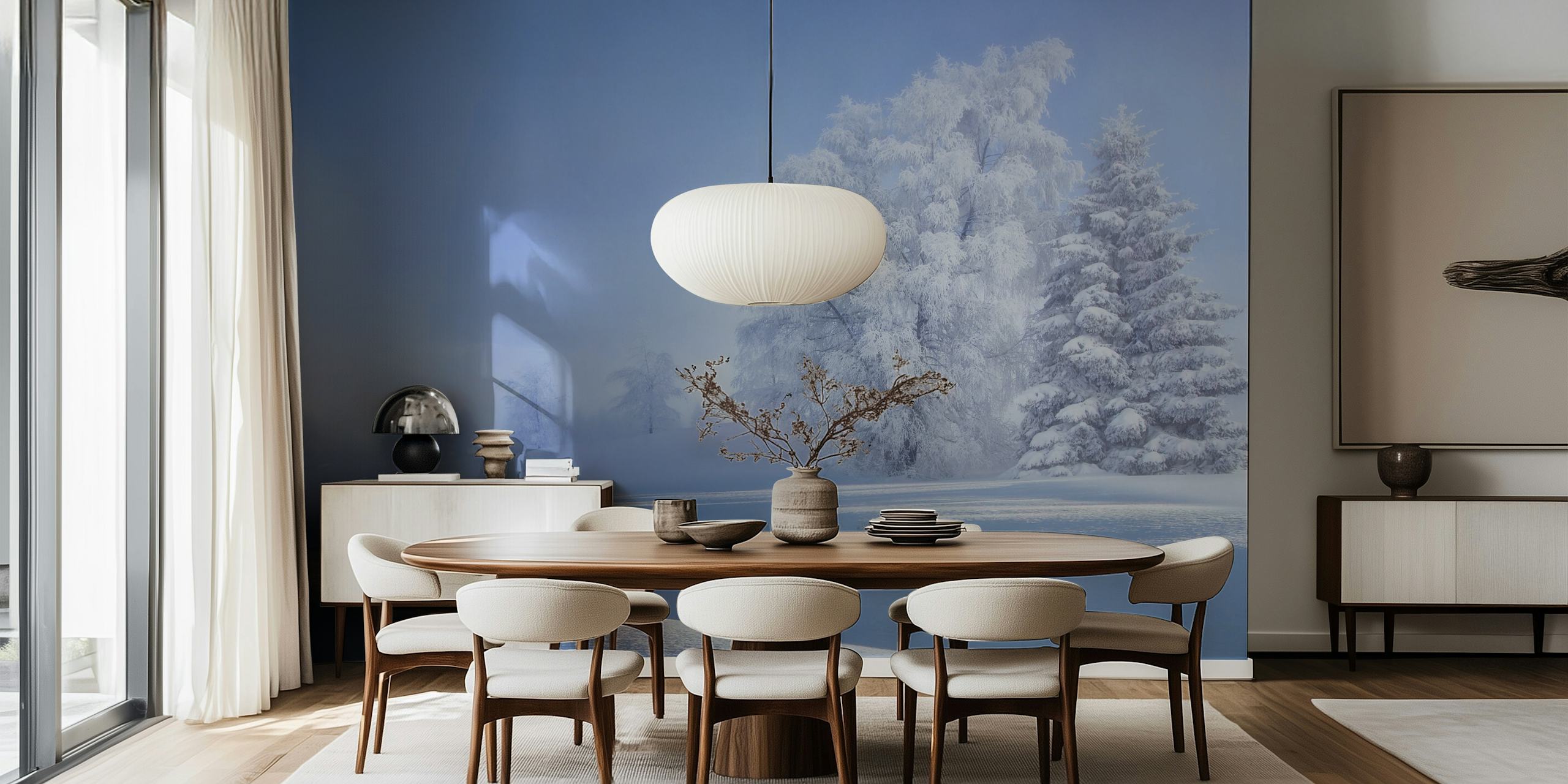 Frosted trees in a winter landscape, light blue colors wallpaper