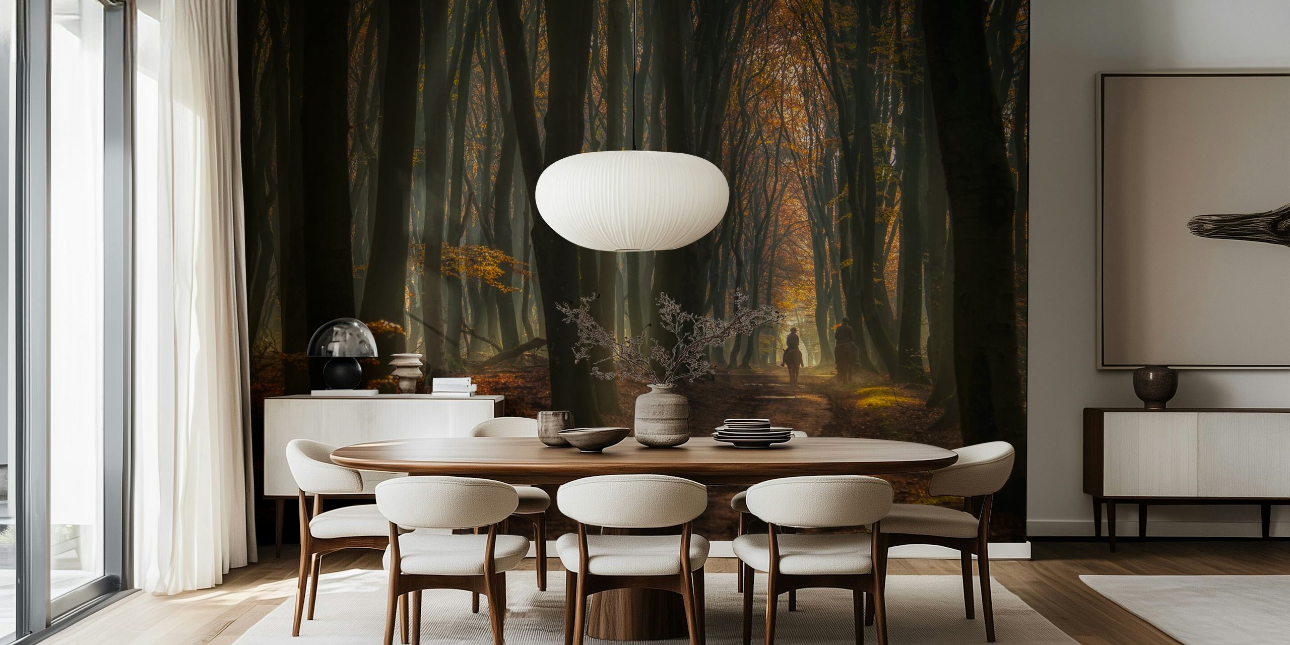 Forest pathway with autumn foliage and distant figures wallpaper