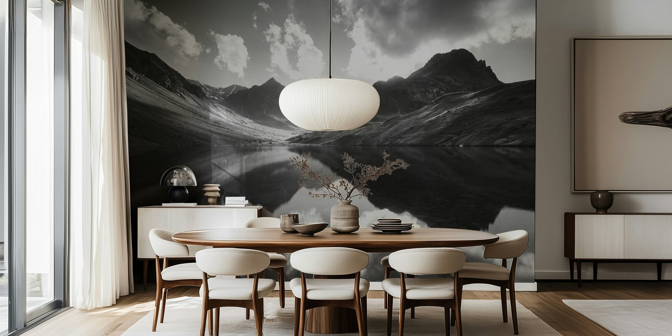 Black and white mountain landscape with reflections wallpaper